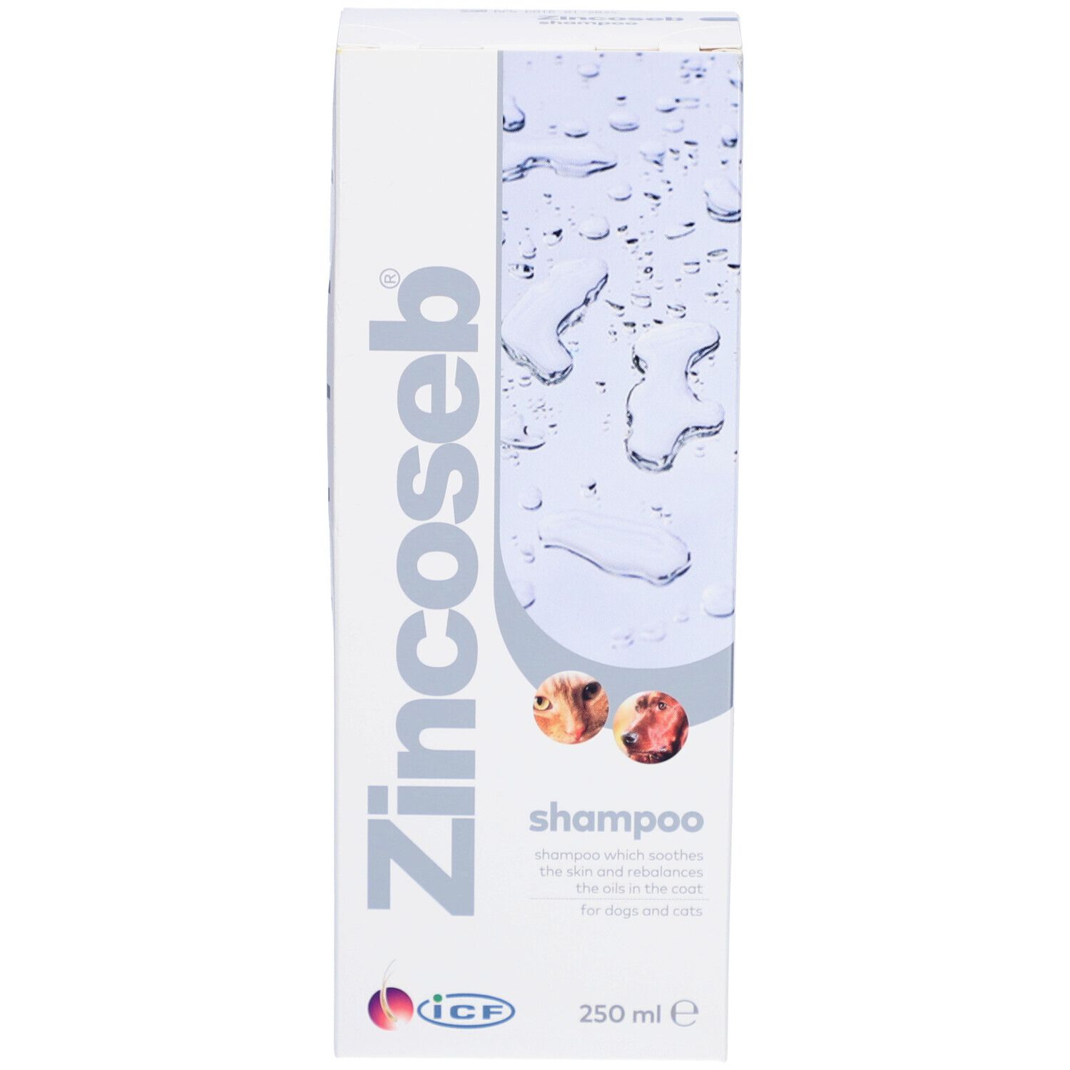 Boîte blanche. Inscription Zincoseb et Shampooing. 250 ml. Pour chiens et chats.