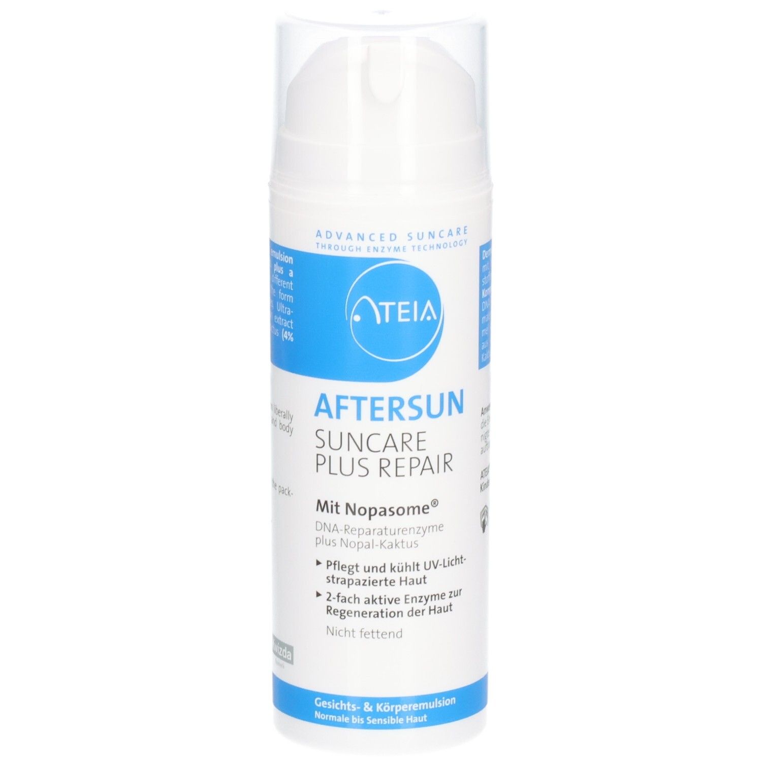 ATEIA® Aftersun Suncare Plus Repair. Flacon blanc avec étiquette bleue. Texte: AFTERSUN, SUNCAR, PLUS, REPAIR. Avec Nopasome.