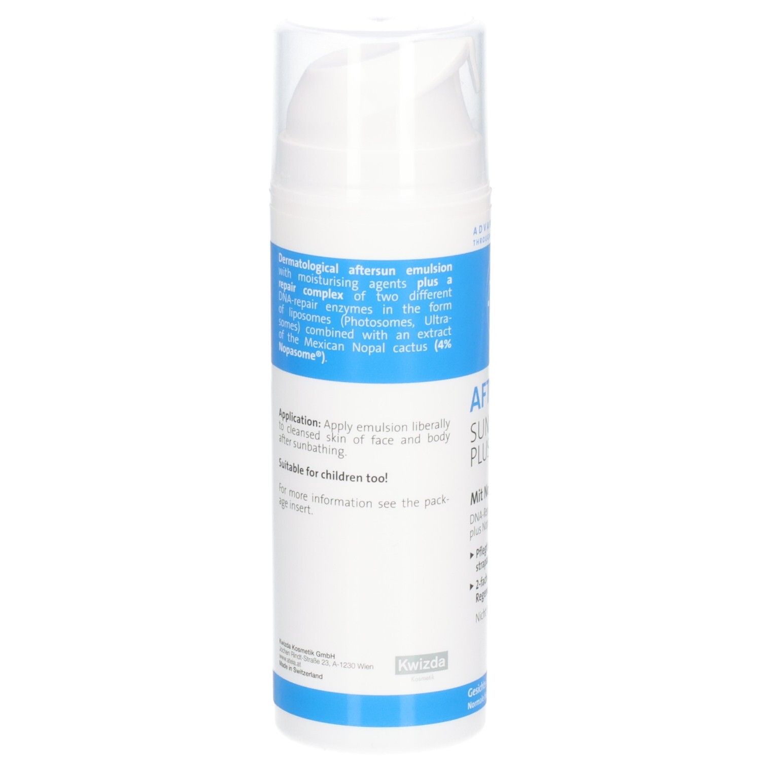 ATEIA® Aftersun Suncare Plus Repair. Dos du flacon. Texte: Émulsion après-soleil dermatologique. Application: Après le bain de soleil.