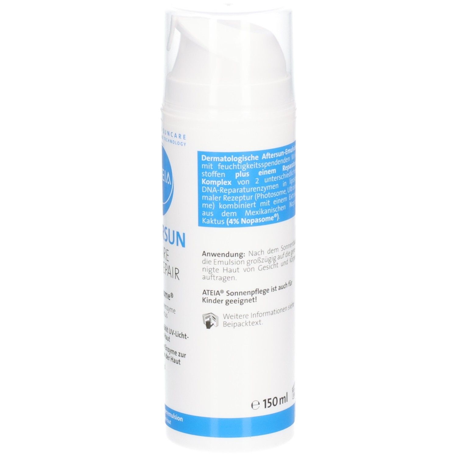 ATEIA® Aftersun Suncare Plus Repair. Dos du flacon. Texte: Émulsion après-soleil dermatologique. Application: Après le bain de soleil.