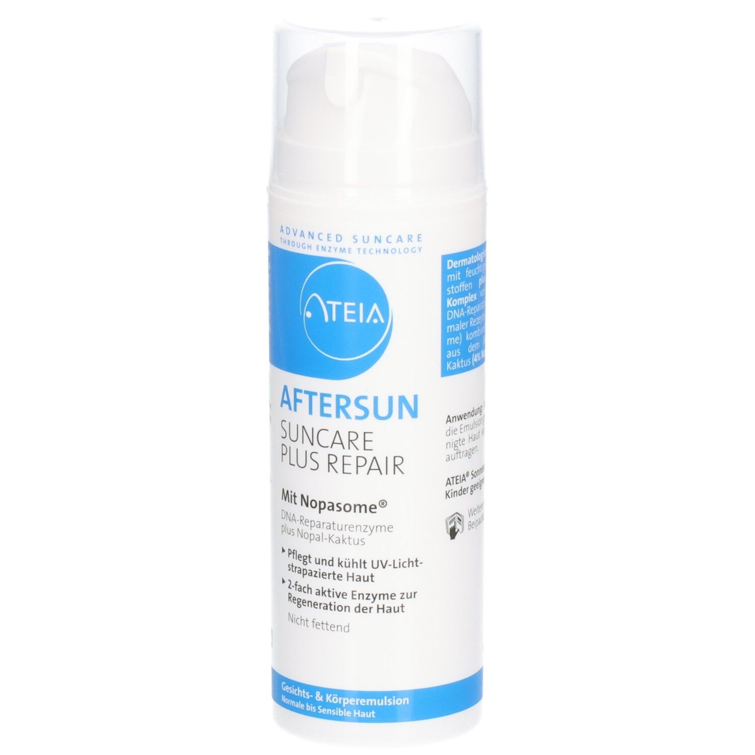 ATEIA® Aftersun Suncare Plus Repair. Flacon blanc avec étiquette bleue. Texte: AFTERSUN, SUNCAR, PLUS, REPAIR. Avec Nopasome.