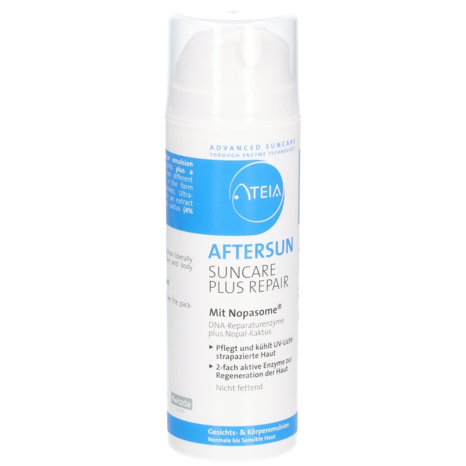 ATEIA® Aftersun Suncare Plus Repair. Flacon blanc avec étiquette bleue. Texte: AFTERSUN, SUNCAR, PLUS, REPAIR. Avec Nopasome.