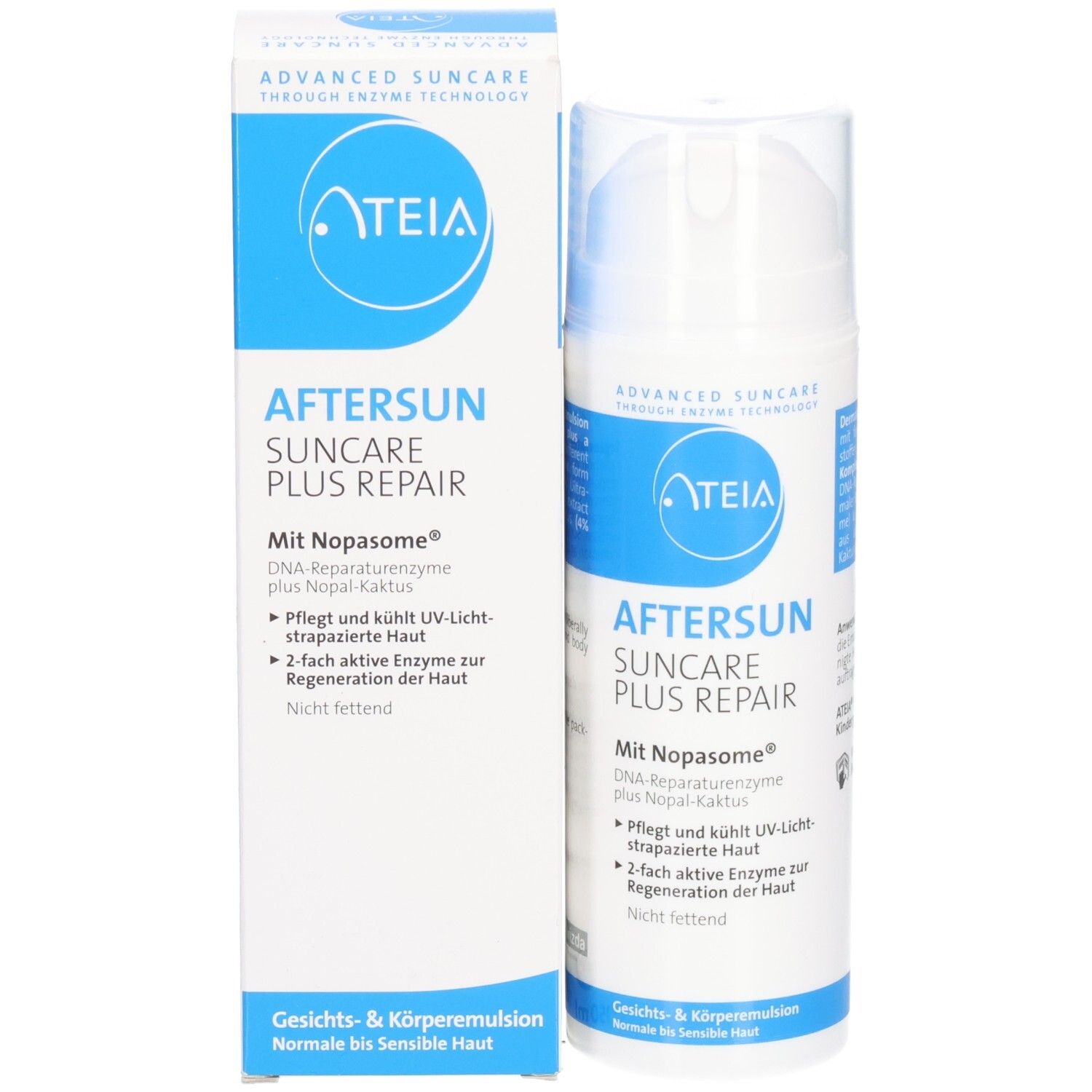 ATEIA® Aftersun Suncare Plus Repair. Flacon et boîte. Texte: AFTERSUN, SUNCAR, PLUS, REPAIR. Avec Nopasome. Emballage blanc.