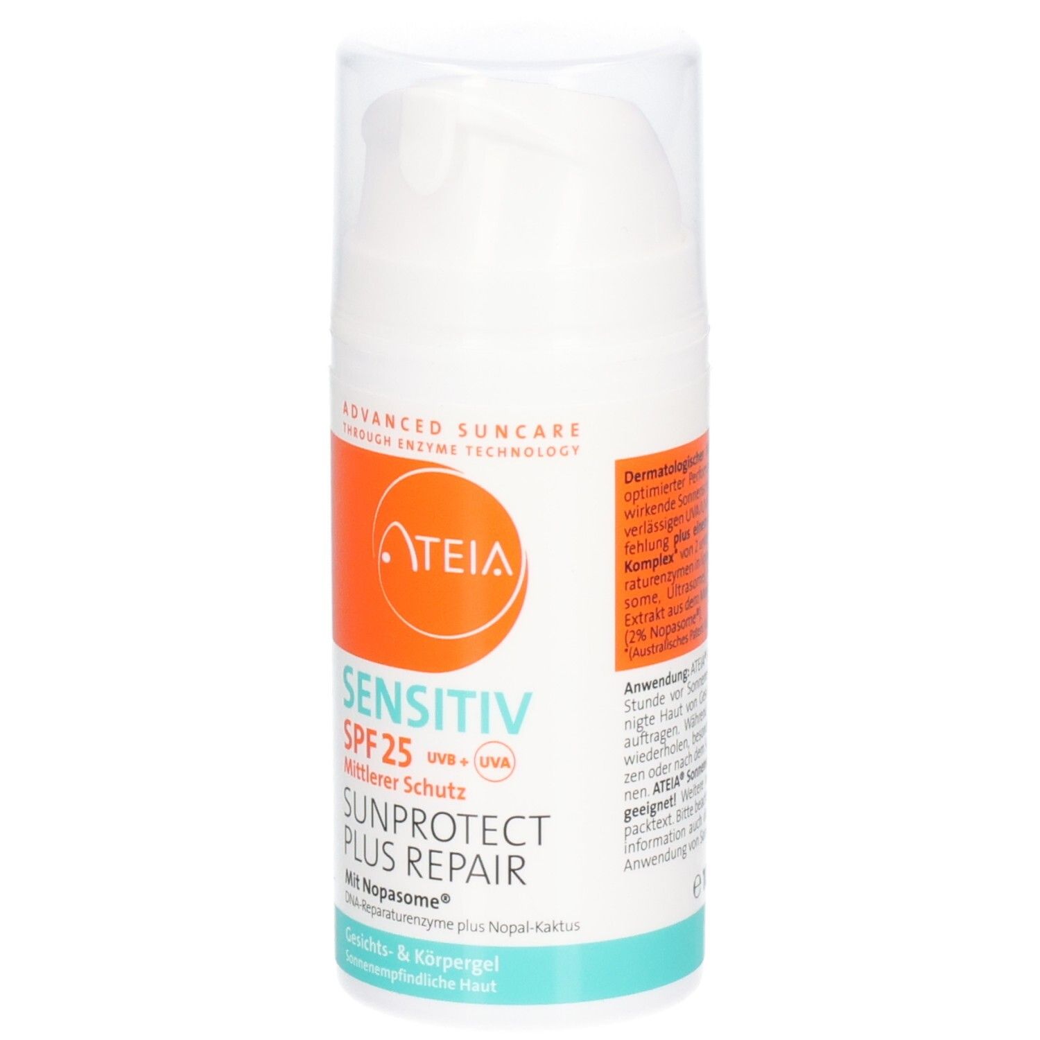 Flacon blanc avec étiquette orange. Texte: ATEIA, Sensitiv SPF 25, Sunprotect Plus Repair. Avec Nopasome.