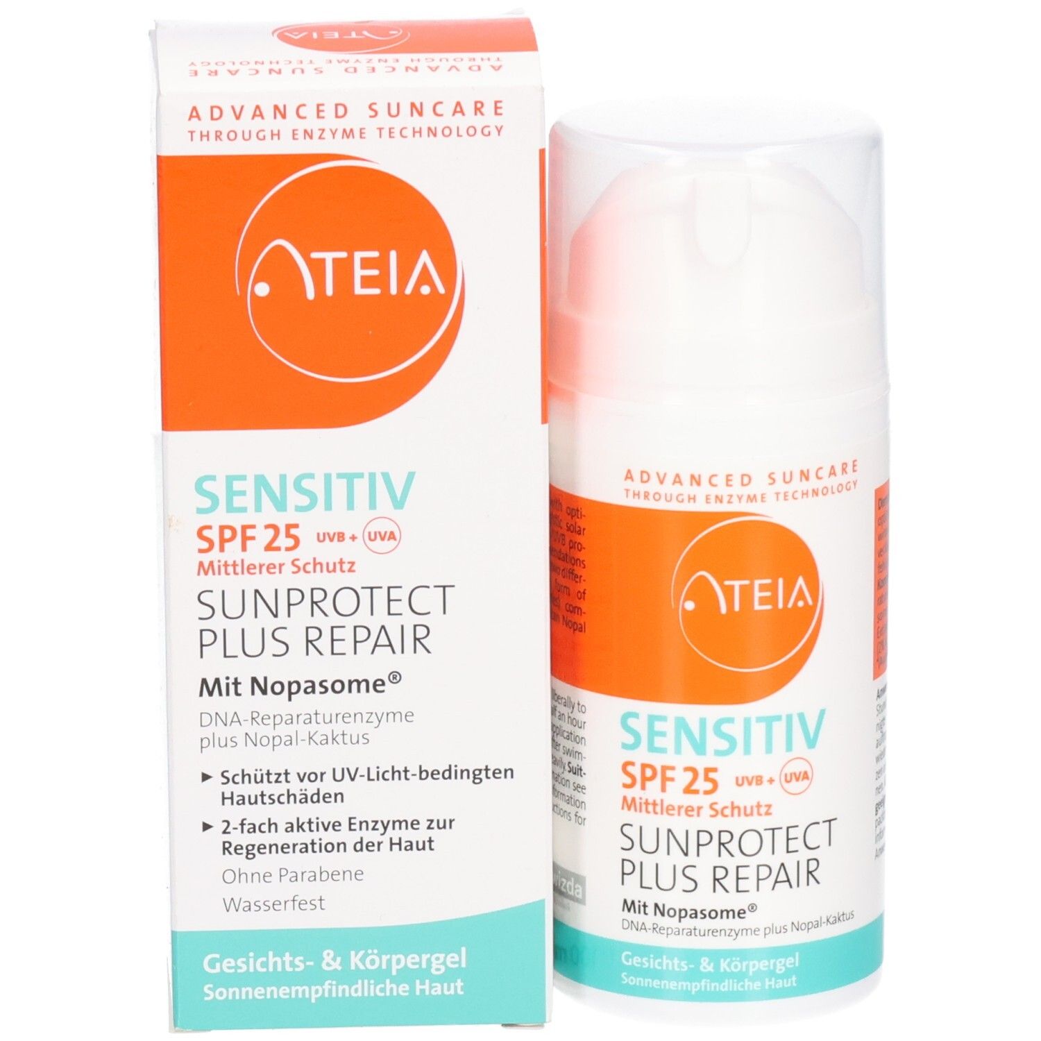 Produit et emballage. Flacon blanc avec étiquette orange et carton. Texte: ATEIA, Sensitiv SPF 25, Sunprotect Plus Repair.