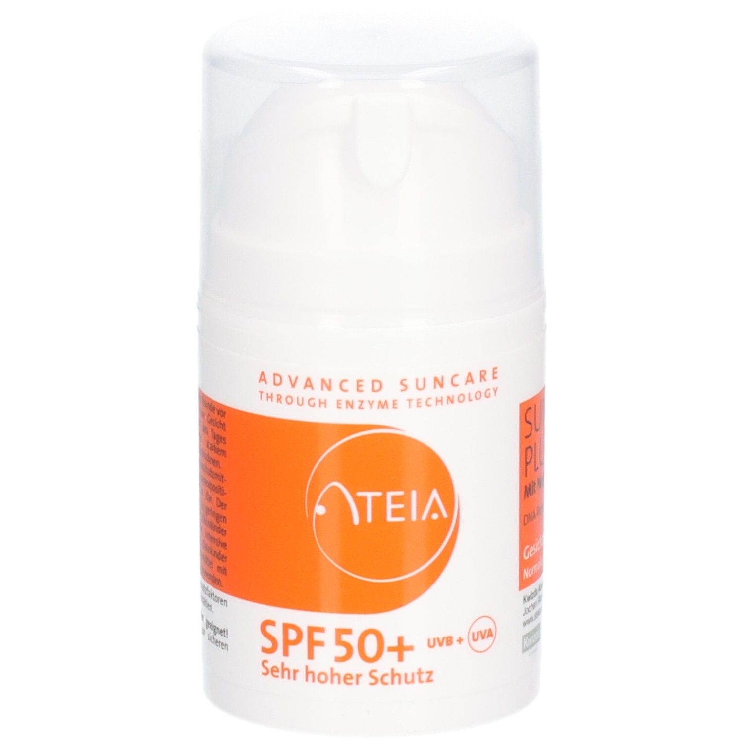 Flacon blanc avec étiquette orange. Inscription : ATEIA, SPF 50+, Très haute protection. Couvercle transparent.