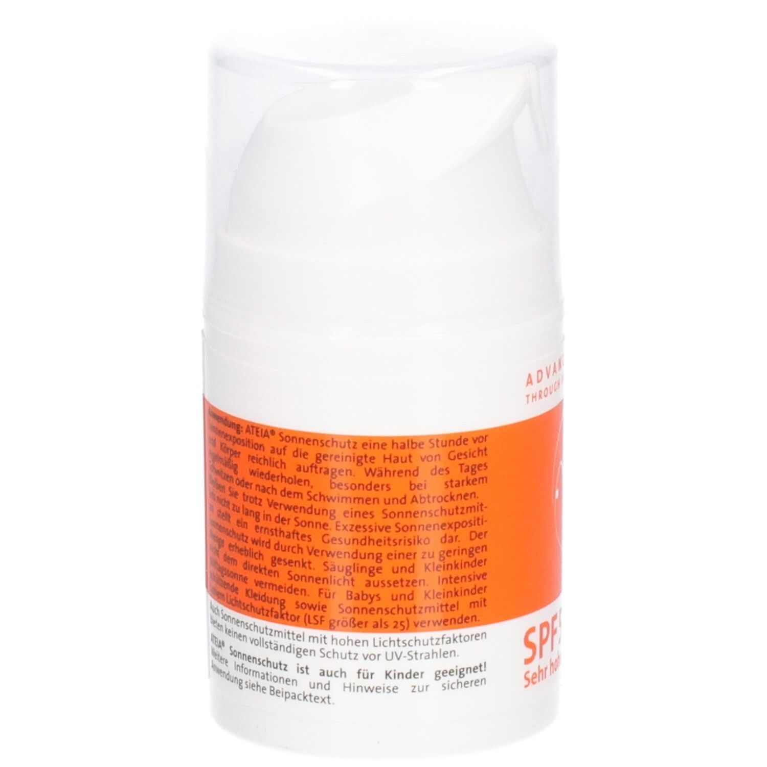 Flacon blanc avec étiquette orange. Inscription : ATEIA, SPF 50+. Couvercle transparent. Texte au dos.