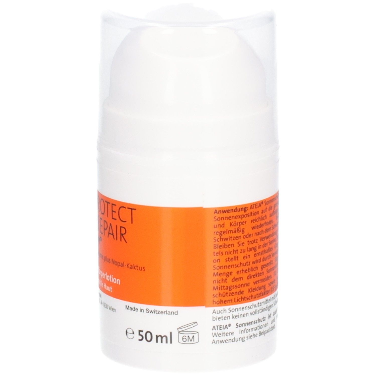Flacon blanc avec étiquette orange. Inscription : SPF 50+, 50 ml. Couvercle transparent. Texte au dos.