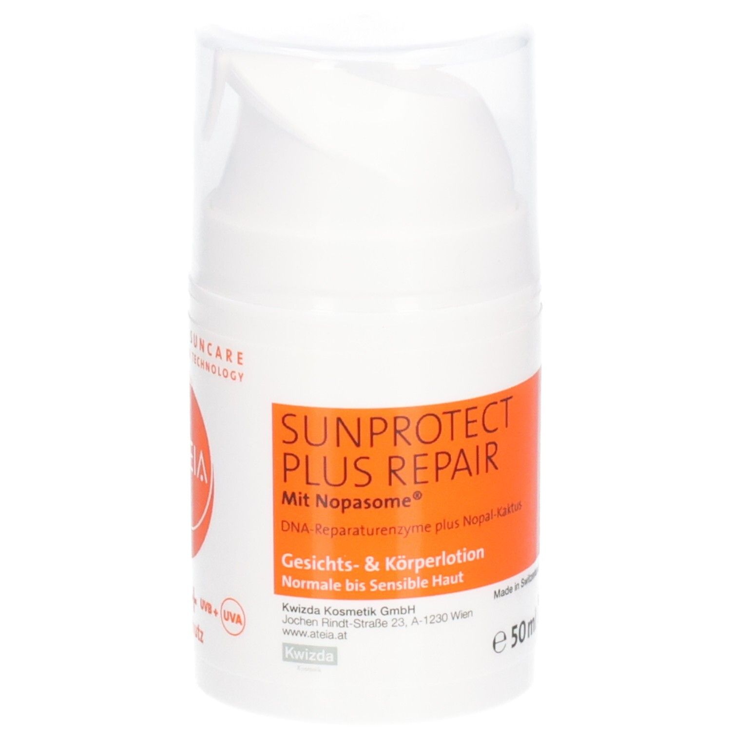 Flacon blanc avec étiquette orange. Inscription : SUNPROTECT PLUS REPAIR, Lotion visage et corps. Couvercle transparent.