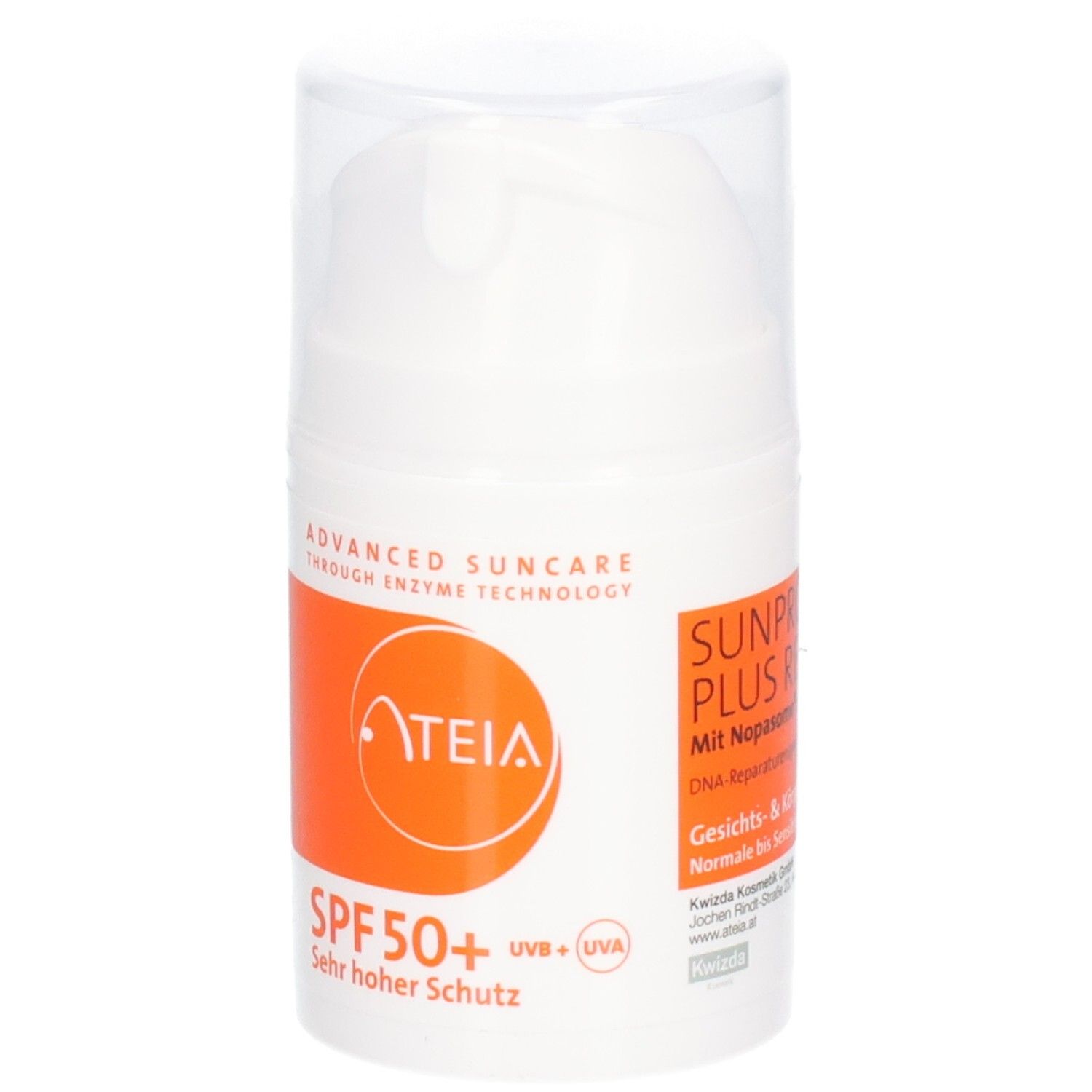 Flacon blanc avec étiquette orange. Inscription : ATEIA, SPF 50+, Très haute protection. Couvercle transparent.