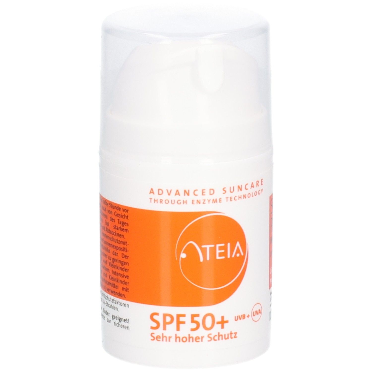 Flacon blanc avec étiquette orange. Inscription : ATEIA, SPF 50+, Très haute protection. Couvercle transparent.