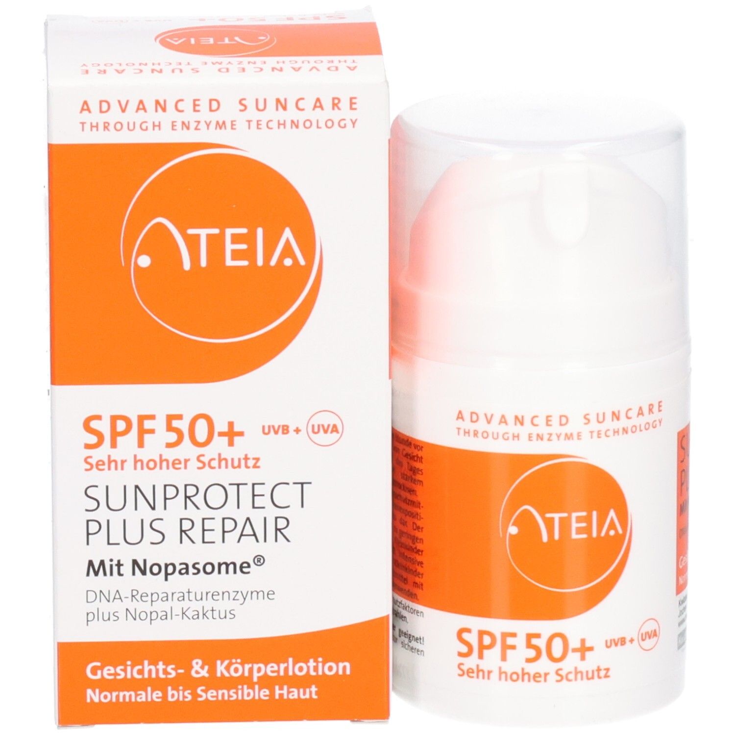 Emballage du produit avec flacon. Inscription : ATEIA, SPF 50+, SUNPROTECT PLUS REPAIR. Étiquette et boîte orange.
