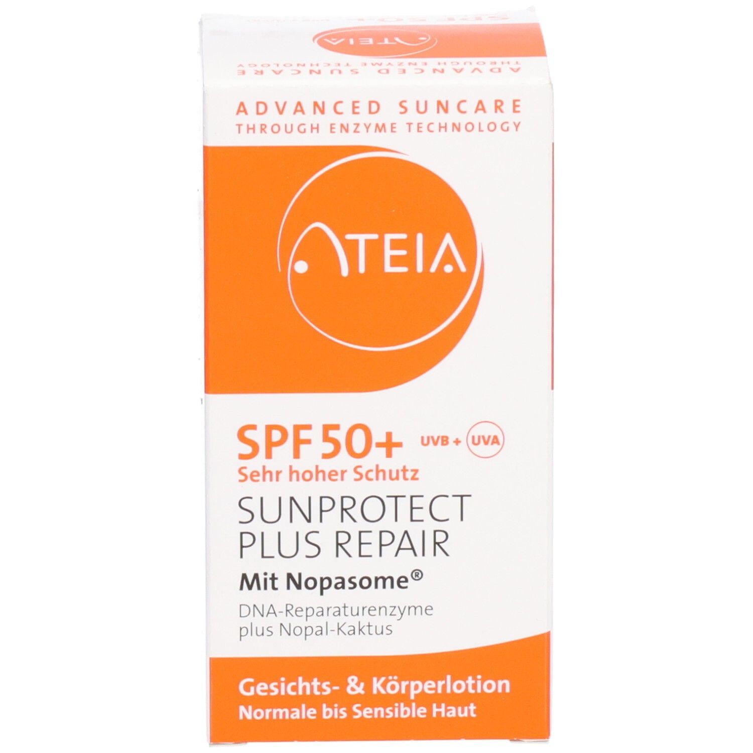 Emballage du produit. Inscription : ATEIA, SPF 50+, SUNPROTECT PLUS REPAIR. Étiquette et boîte orange.