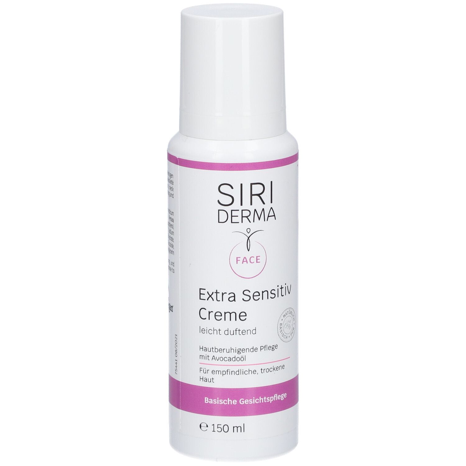Flacon blanc avec accents roses. Inscription : SIRIDERMA, Crème Extra Sensitiv, soin du visage. Avec huile d'avocat.