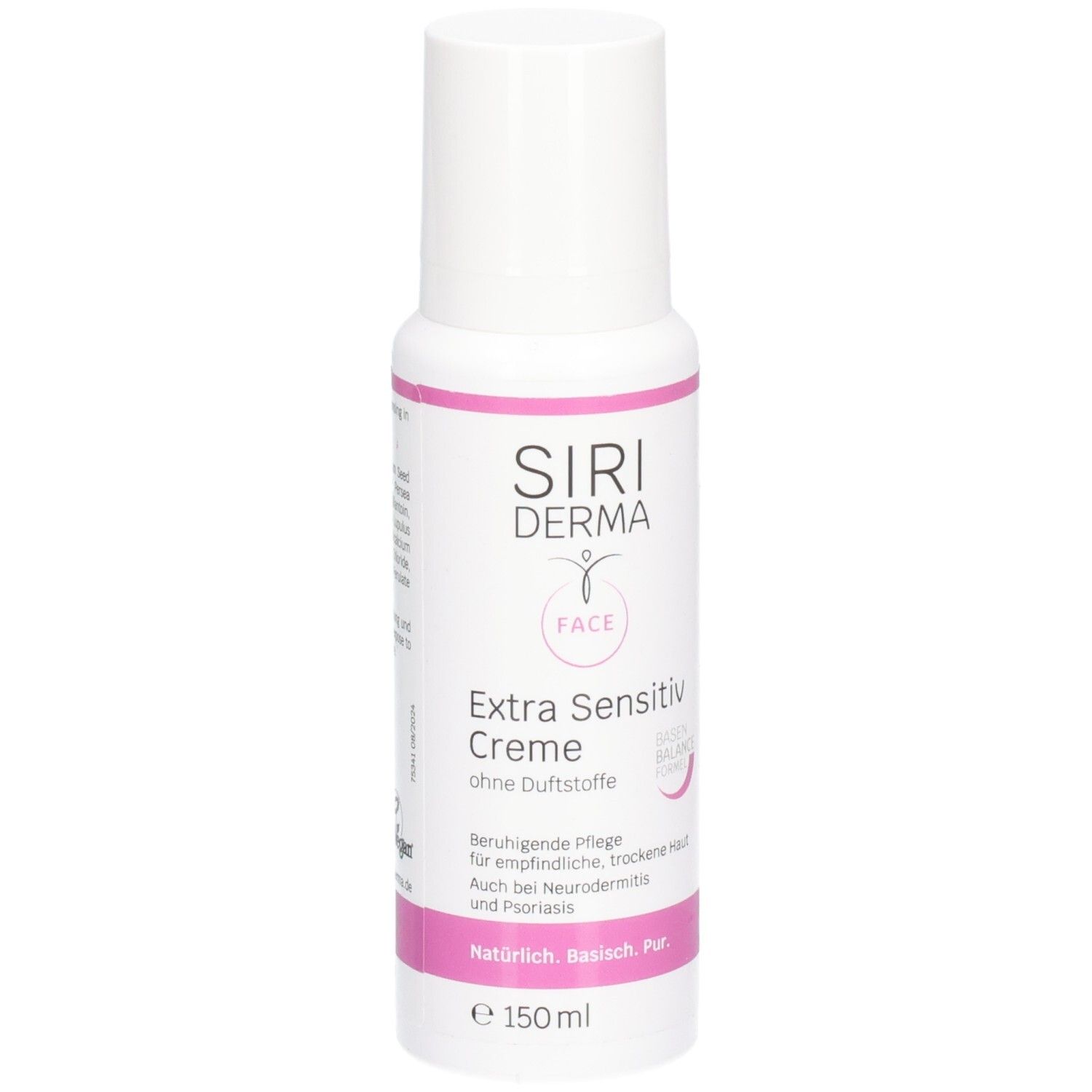 Flacon blanc avec accents roses. Inscription : SIRIDERMA, Extra Sensitiv Creme, sans parfum. 150 ml.