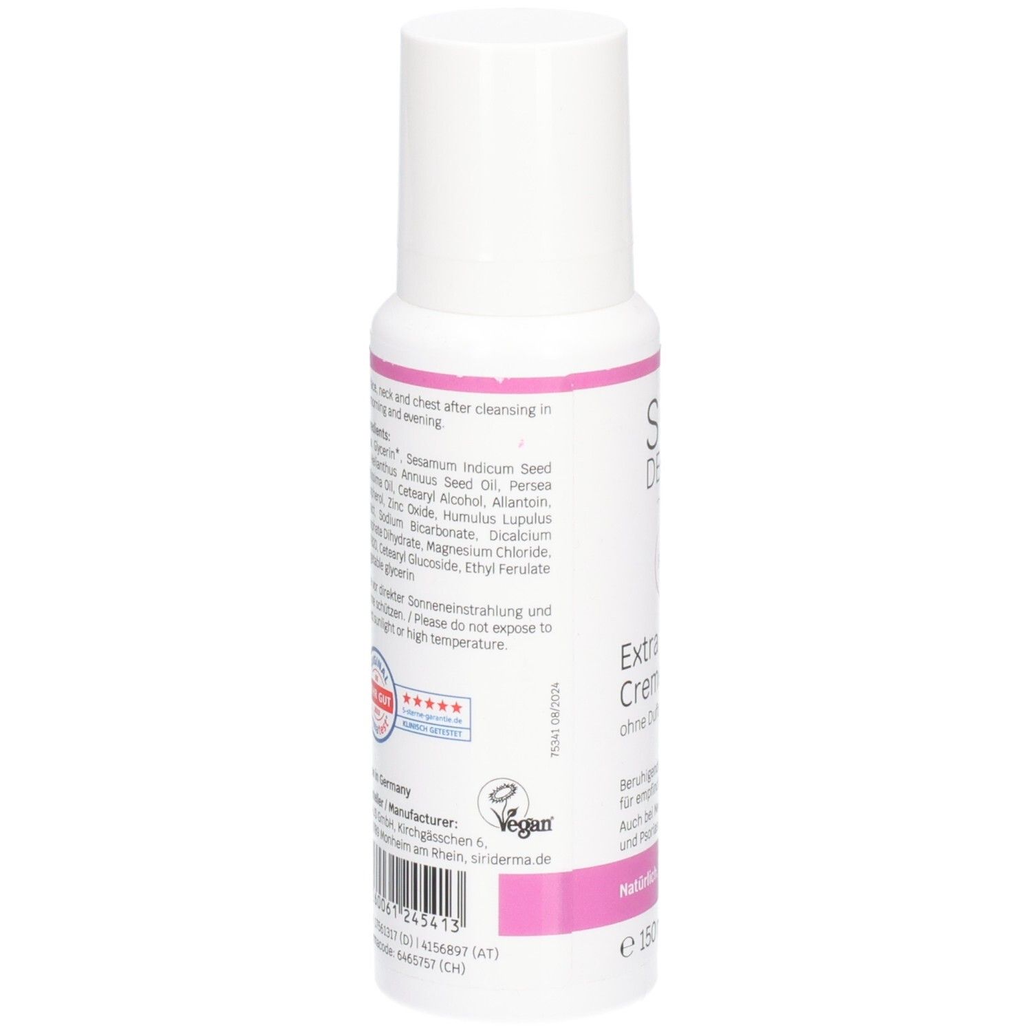 Dos d'un flacon blanc avec accents roses. Contient les ingrédients et les informations du fabricant. Label Vegan.