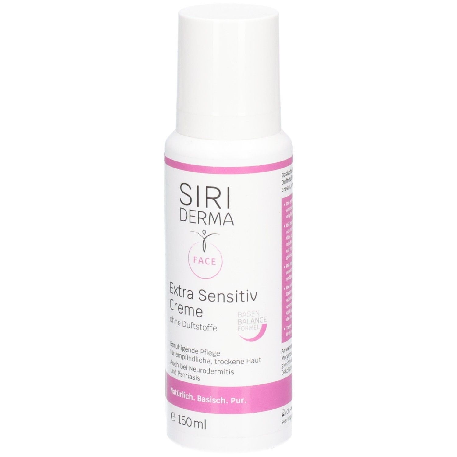 Flacon blanc avec accents roses. Inscription : SIRIDERMA, Extra Sensitiv Creme, sans parfum. 150 ml.