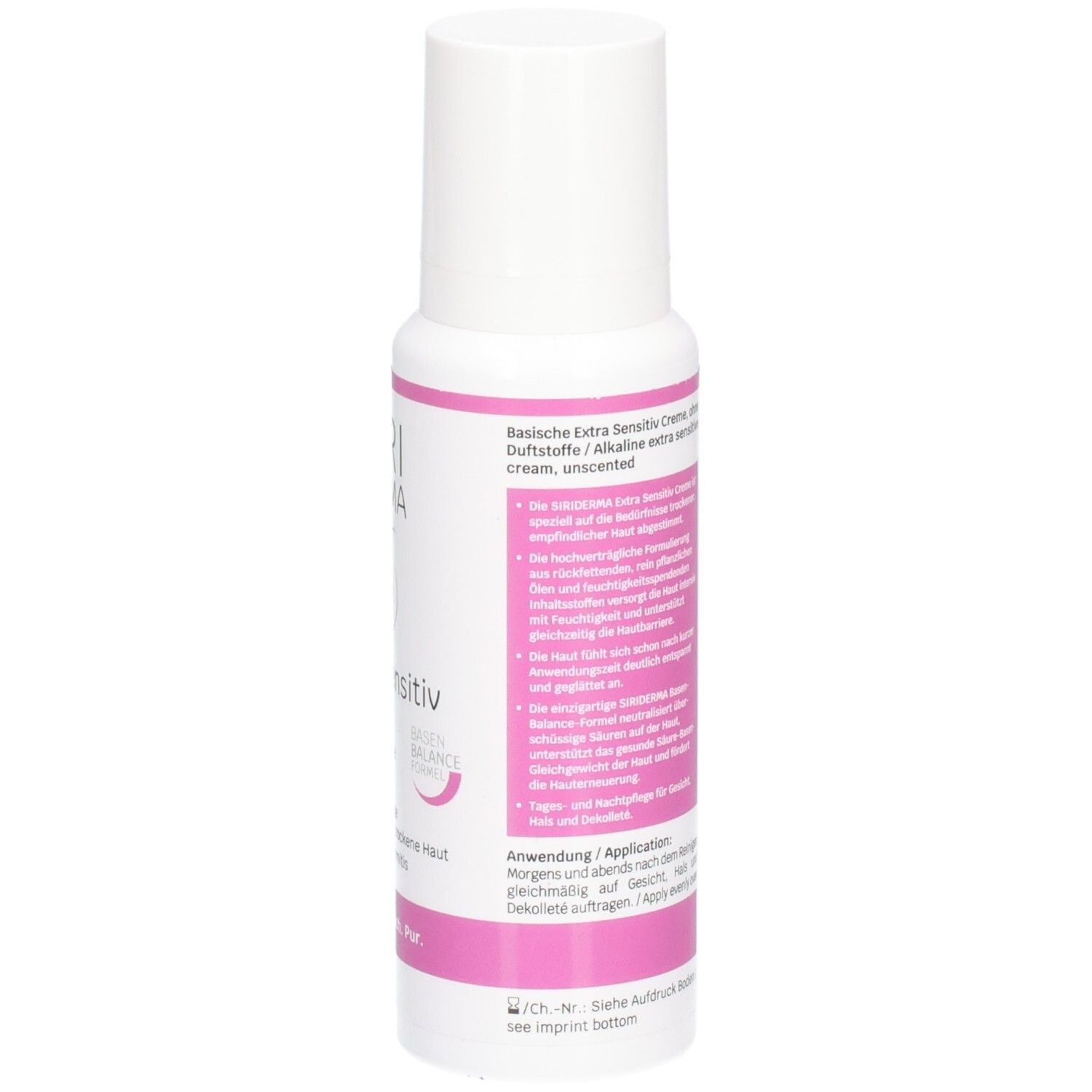 Dos d'un flacon blanc avec accents roses. Texte : Crème Extra Sensitiv Basique, utilisation, ingrédients.