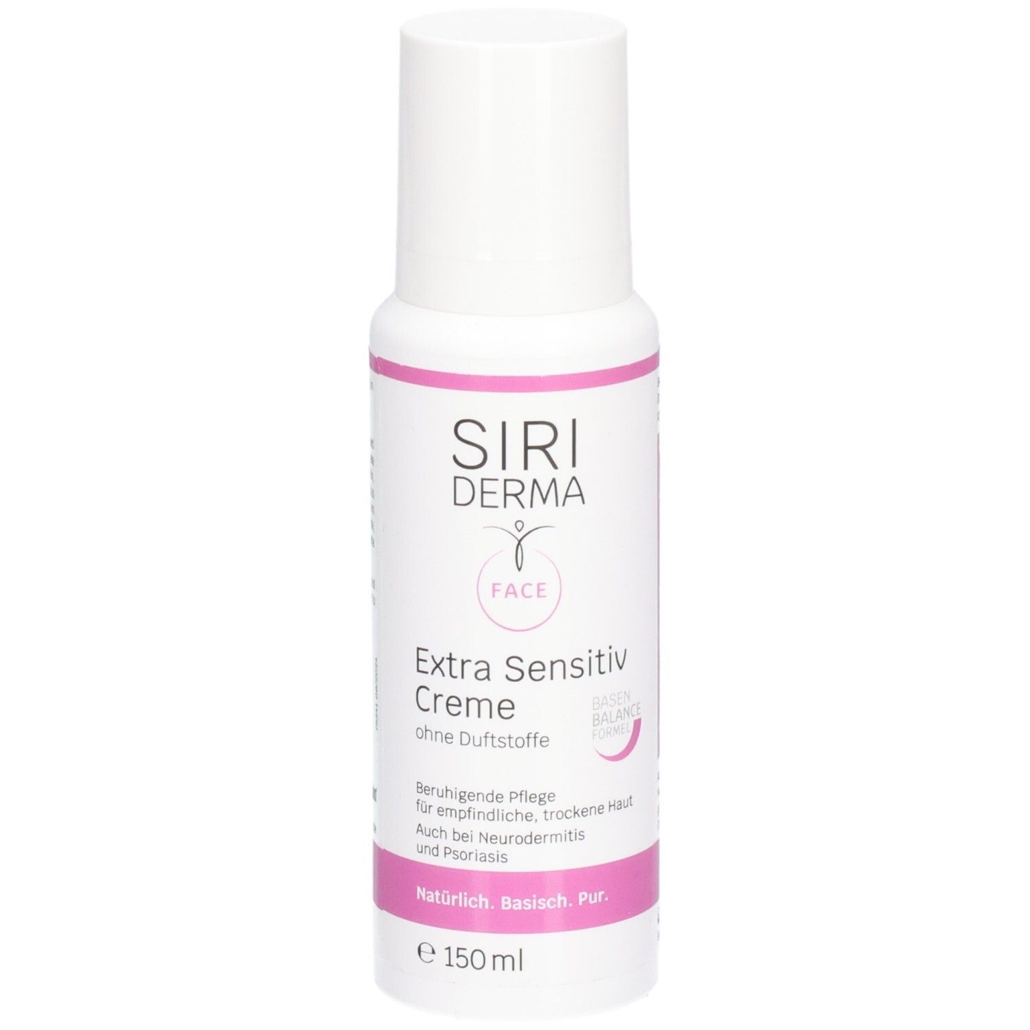 Flacon blanc avec accents roses. Inscription : SIRIDERMA, Extra Sensitiv Creme, sans parfum. 150 ml.