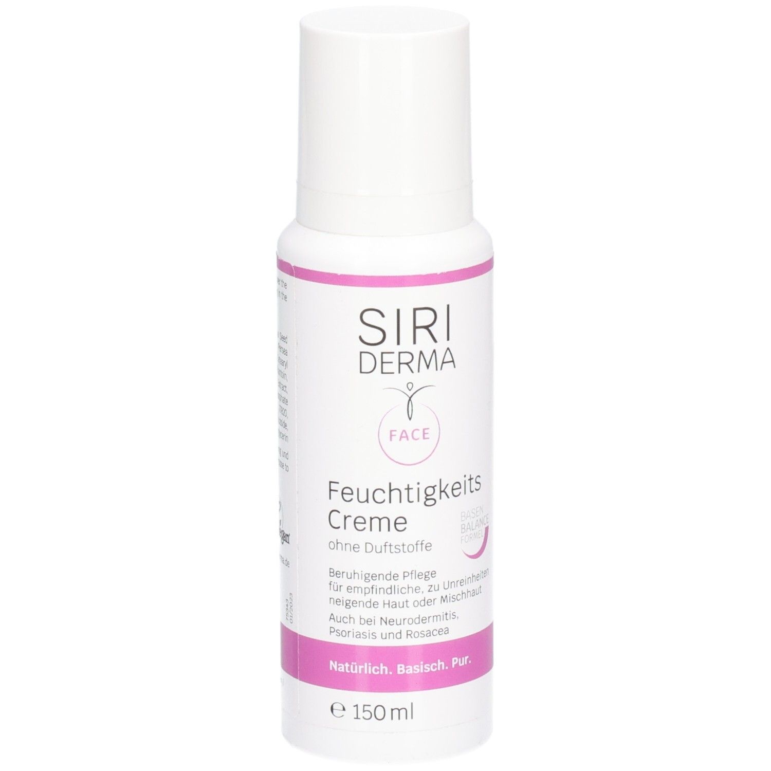 Flacon blanc avec accents roses. Inscription: SIRIDERMA, Crème hydratante, 150 ml. Soin du visage.