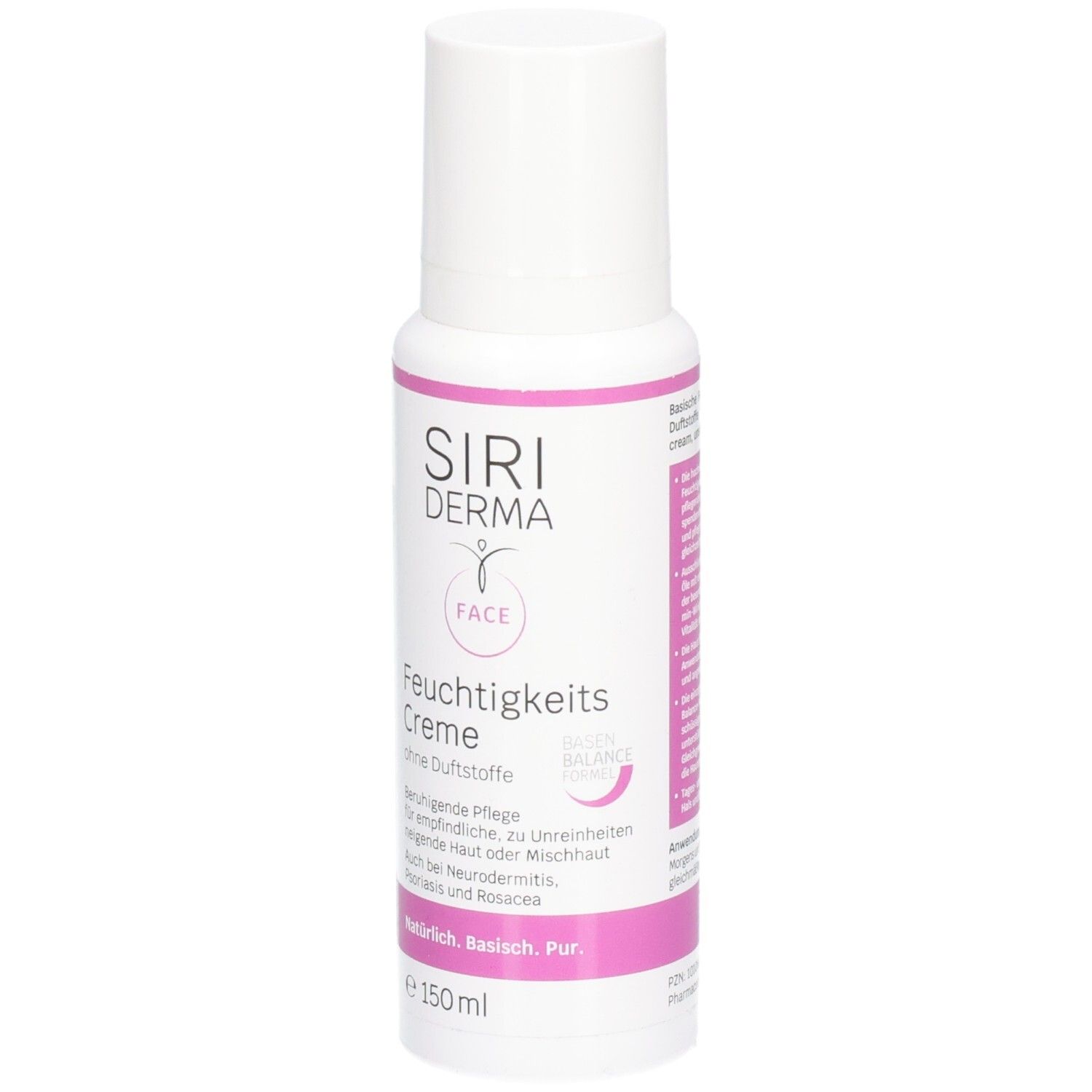 Flacon blanc avec accents roses. Inscription: SIRIDERMA, Crème hydratante, 150 ml. Soin du visage.
