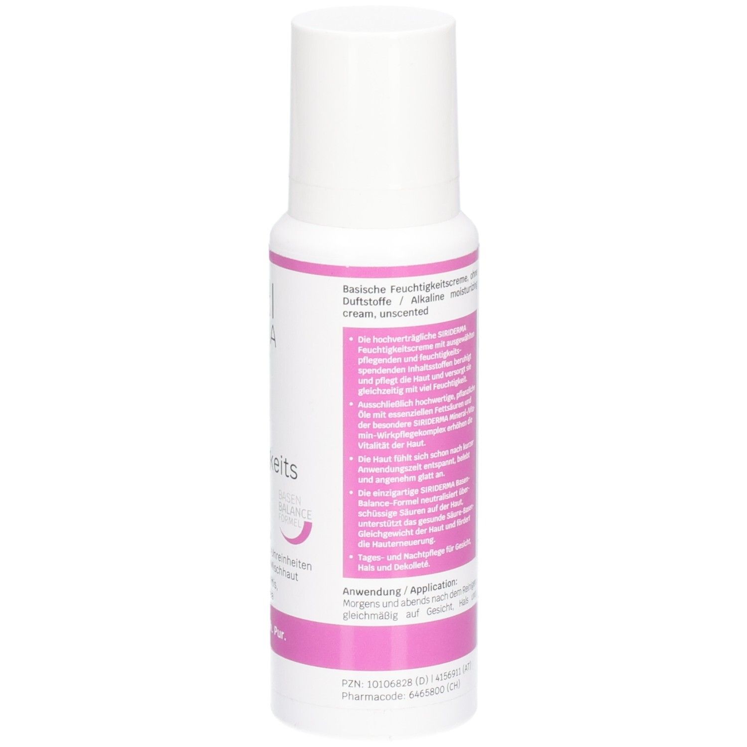 Dos du flacon blanc avec accents roses. Texte: Formulation légère, ingrédients, application, PZN, numéro de pharmacie.