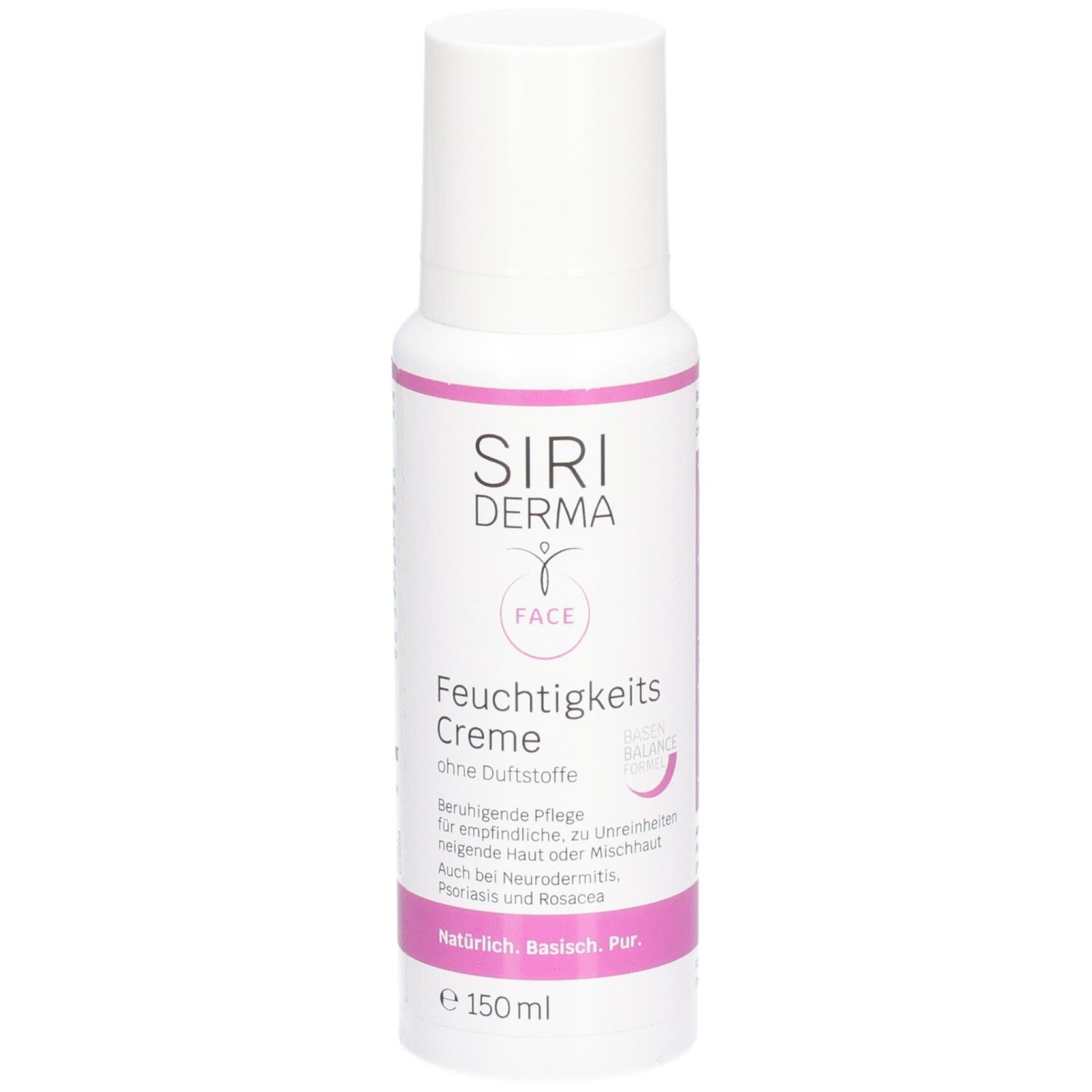 Flacon blanc avec accents roses. Inscription: SIRIDERMA, Crème hydratante, 150 ml. Soin du visage.