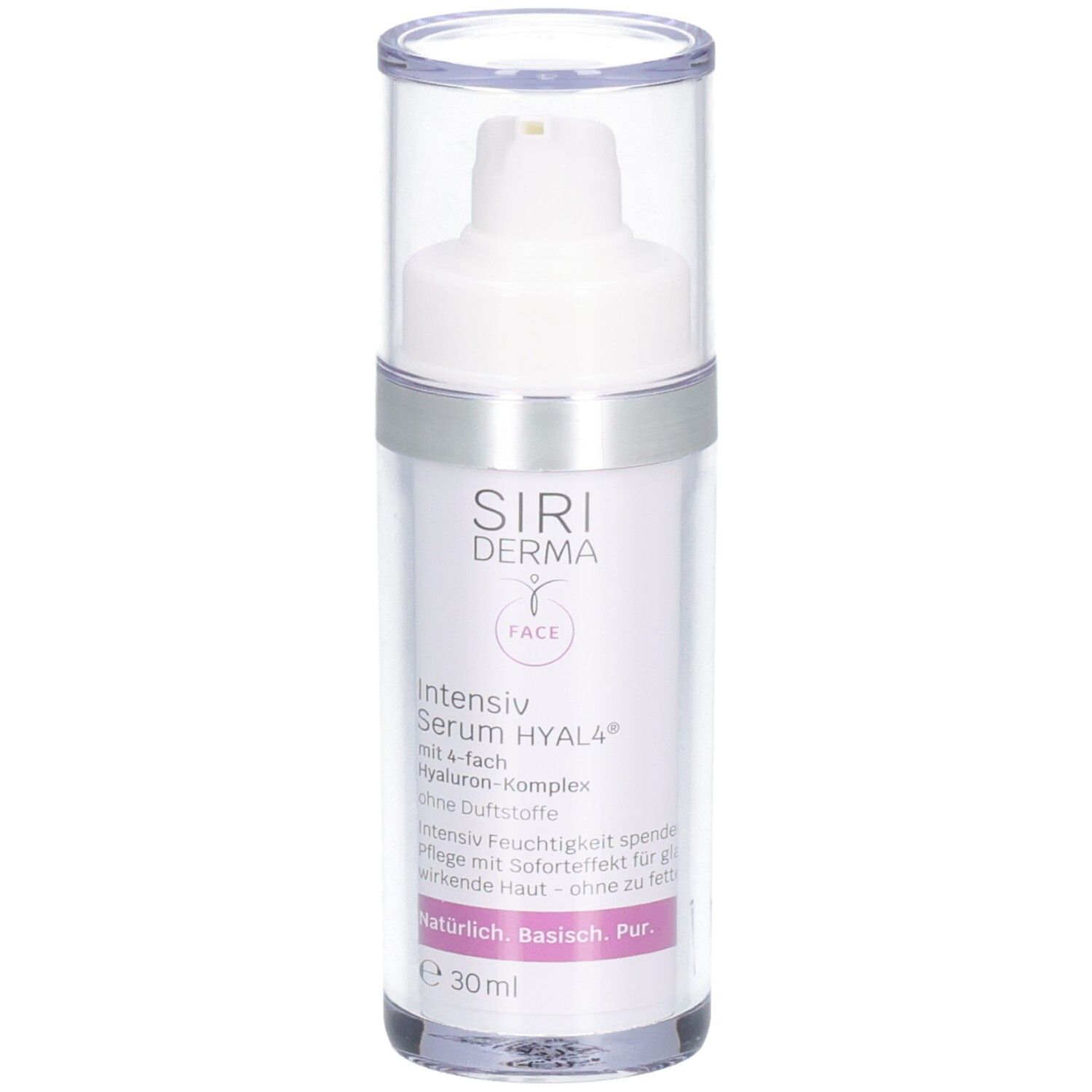 Flacon de SIRIDERMA Intensiv Serum HYAL 4. Récipient transparent avec pompe et couvercle. Étiquette rose et blanche avec informations.