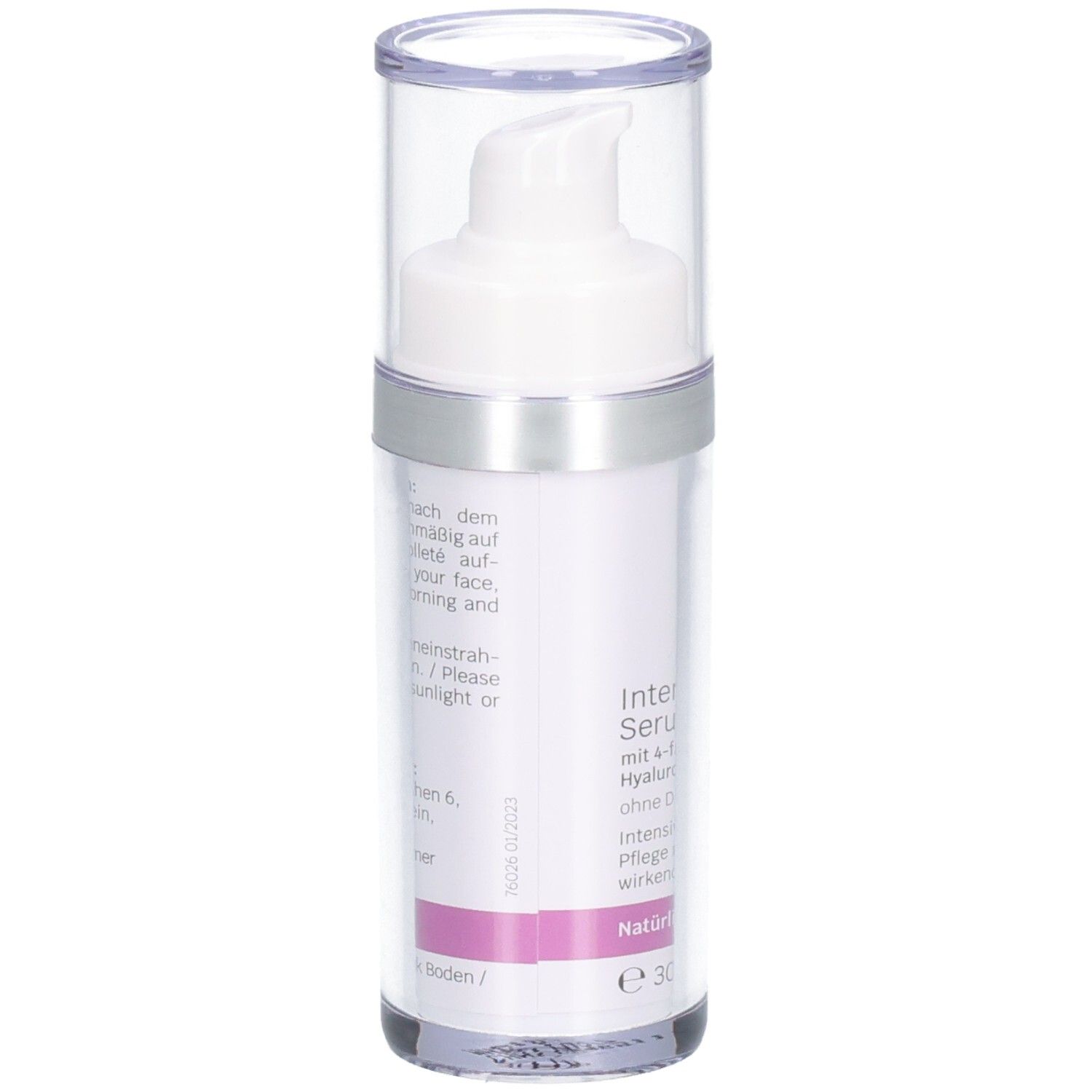 Flacon de SIRIDERMA Intensiv Serum HYAL 4. Vue arrière. Récipient transparent avec pompe et couvercle. Étiquette avec informations.