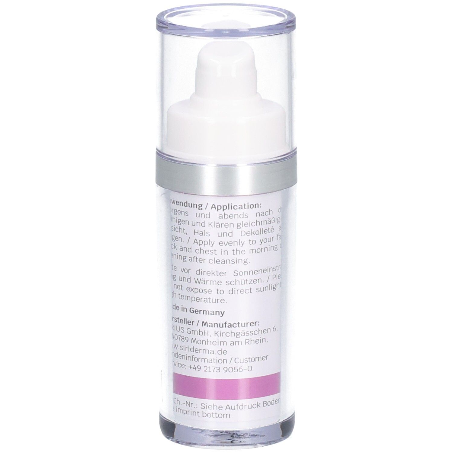 Flacon de SIRIDERMA Intensiv Serum HYAL 4. Vue arrière. Récipient transparent avec pompe et couvercle. Étiquette avec informations.