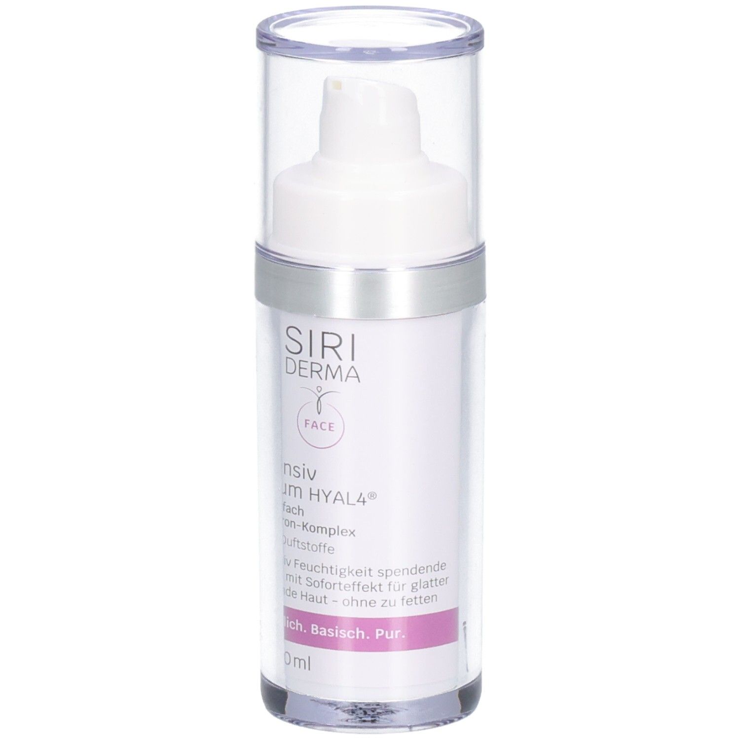 Flacon de SIRIDERMA Intensiv Serum HYAL 4. Récipient transparent avec pompe et couvercle. Étiquette rose et blanche avec informations.