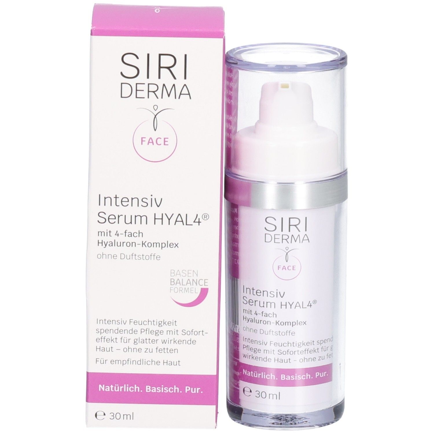 Flacon et emballage de SIRIDERMA Intensiv Serum HYAL 4. Flacon avec pompe. Emballage avec informations et logo.