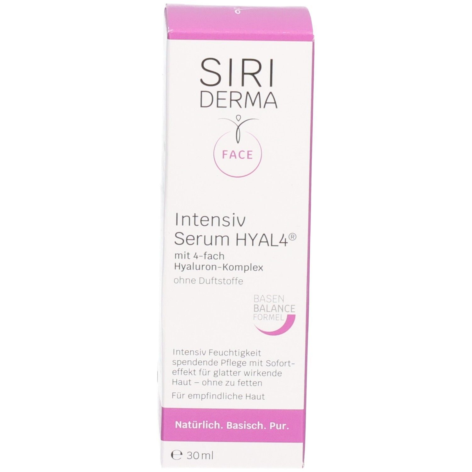 Emballage de SIRIDERMA Intensiv Serum HYAL 4. Boîte rose et blanche avec informations et logo. Nom du produit et volume.