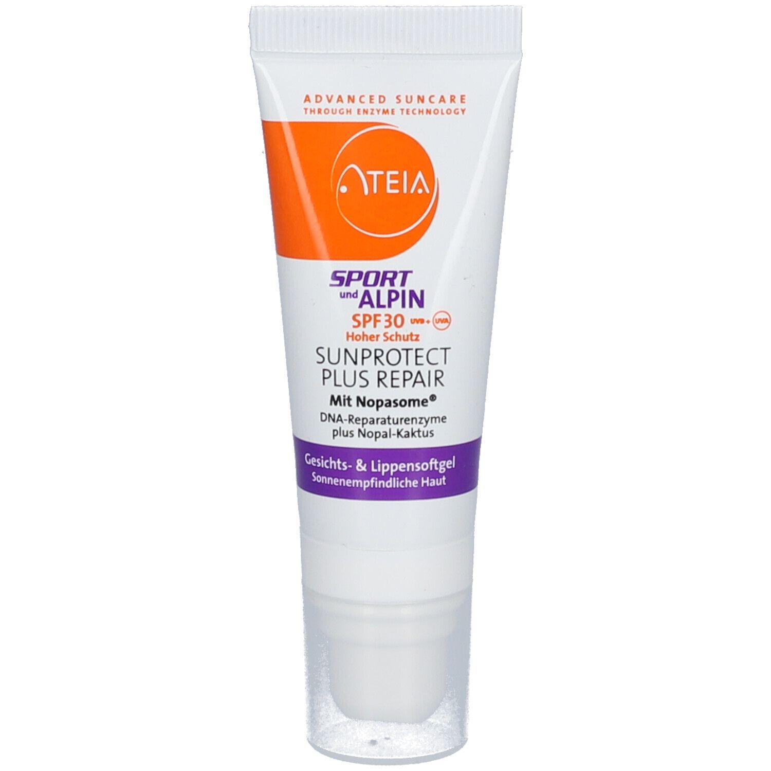 Tube blanc avec bouchon orange. Texte: ATEIA, Sport & Alpin SPF 30, Sunprotect Plus Repair. Pour peau sensible au soleil.