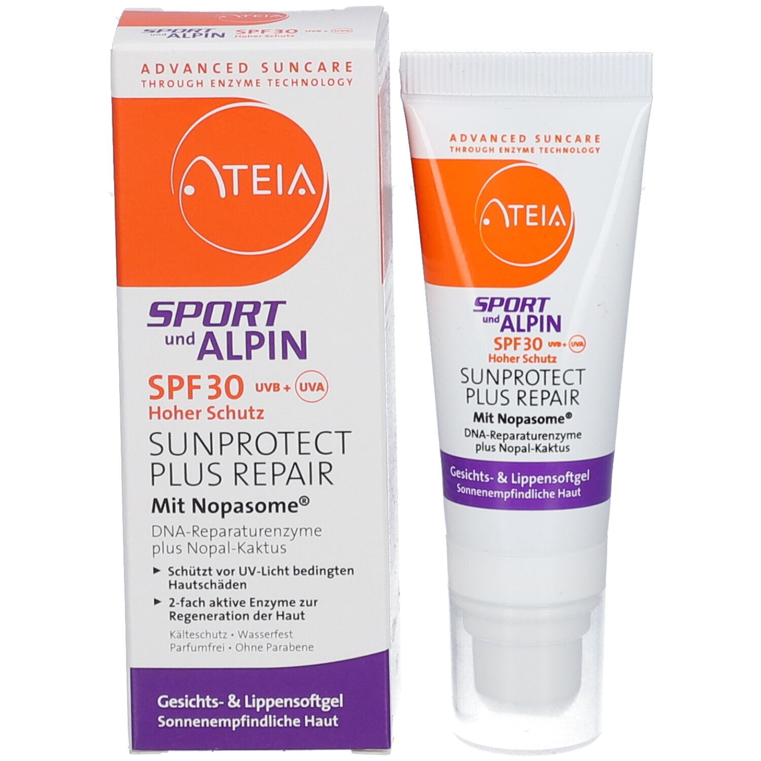 Produit et emballage. Tube et boîte blancs. Texte: ATEIA, Sport & Alpin SPF 30, Sunprotect Plus Repair. Pour peau sensible au soleil.