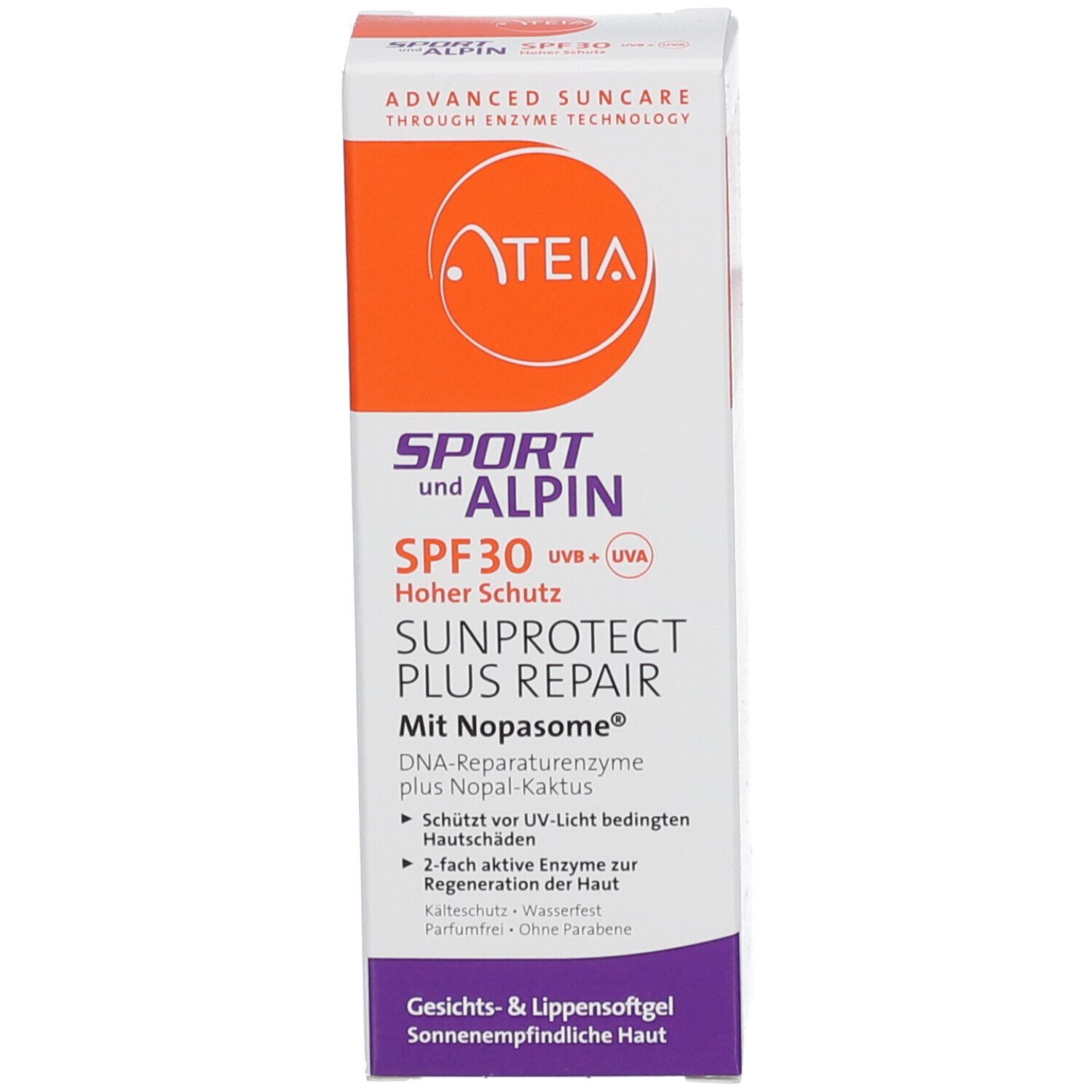Boîte blanche. Texte: ATEIA, Sport & Alpin SPF 30, Sunprotect Plus Repair. Pour peau sensible au soleil. Avec Nopasome.
