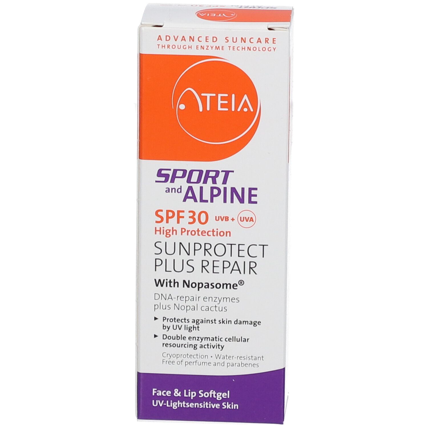 Boîte blanche. Texte: ATEIA, Sport and Alpine, SPF30, Haute Protection, Sunprotect Plus Repair. Pour peau sensible au soleil.