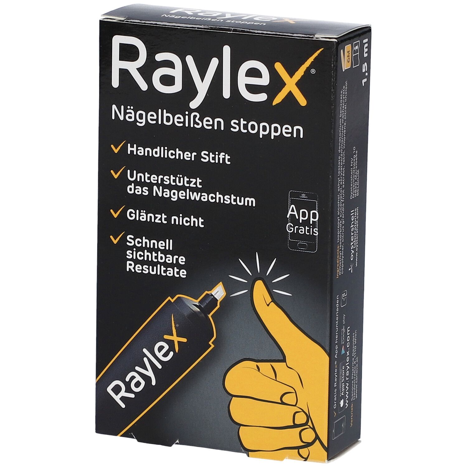 Boîte noire Raylex. Texte: Arrêter de se ronger les ongles, stylo pratique, favorise la croissance, ne brille pas, résultats visibles. App.