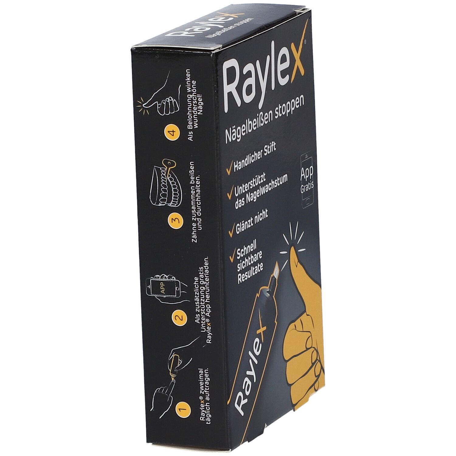 Boîte noire Raylex, vue latérale. Texte et illustrations. Stylo et main touchant un ongle. App.