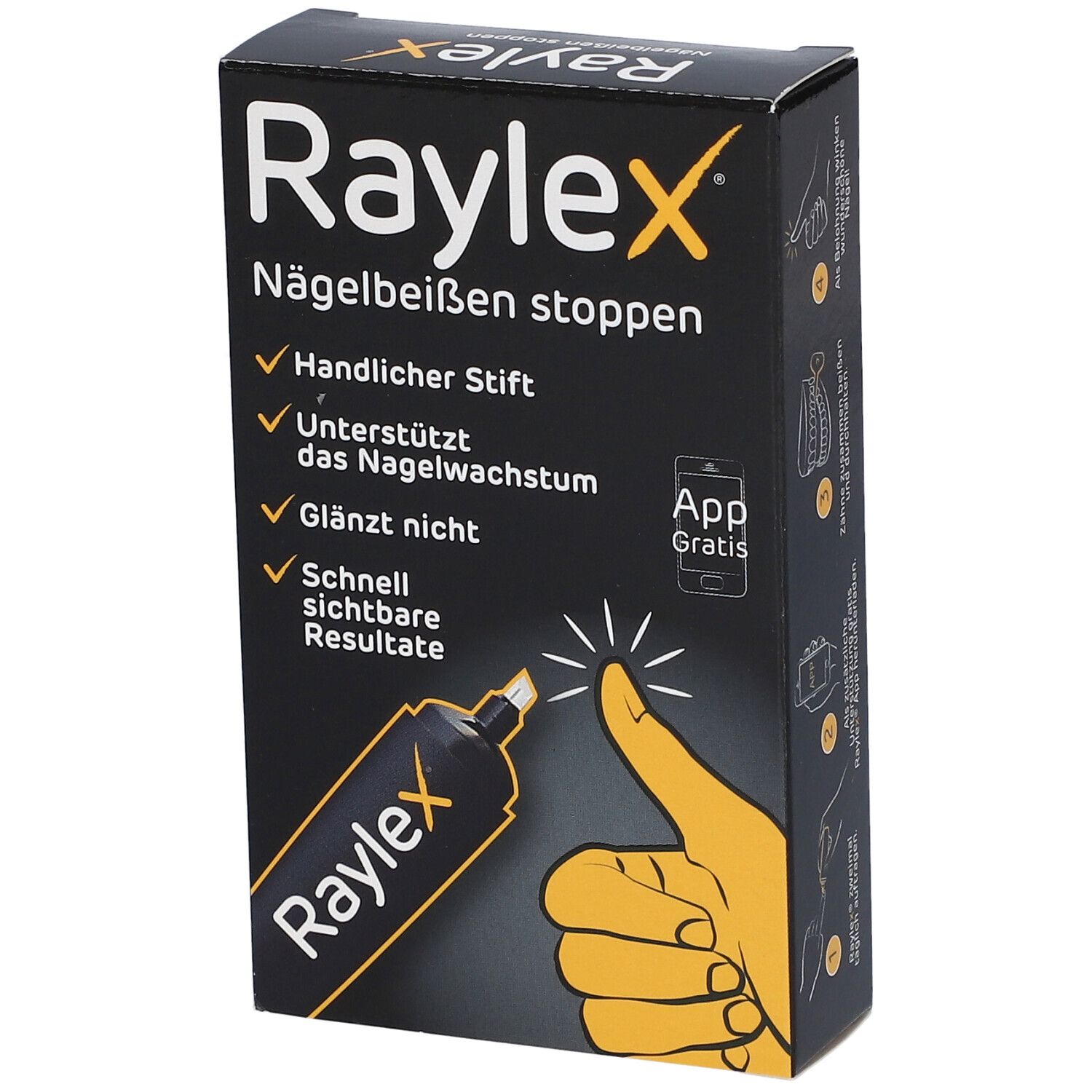 Boîte noire Raylex. Texte: Arrêter de se ronger les ongles, stylo pratique, favorise la croissance, ne brille pas, résultats visibles. App.