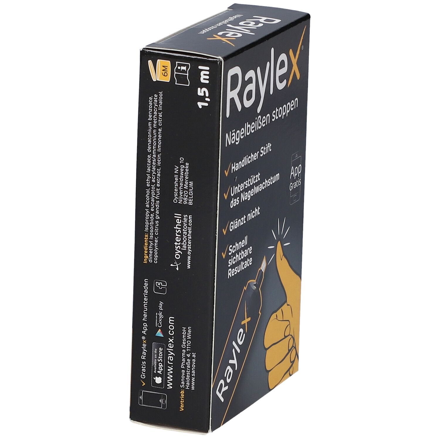 Boîte noire Raylex avec texte et ingrédients. Stylo et main touchant un ongle. App.
