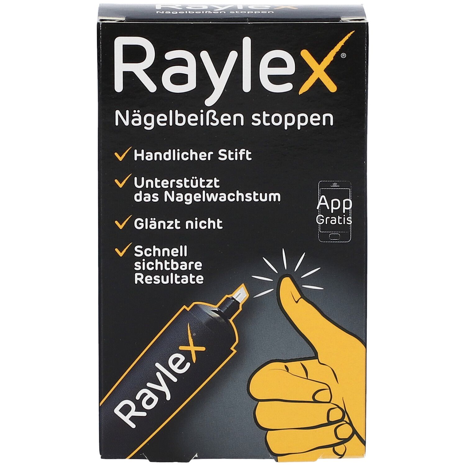 Boîte noire Raylex. Texte: Arrêter de se ronger les ongles, stylo pratique, favorise la croissance, ne brille pas, résultats visibles. App.
