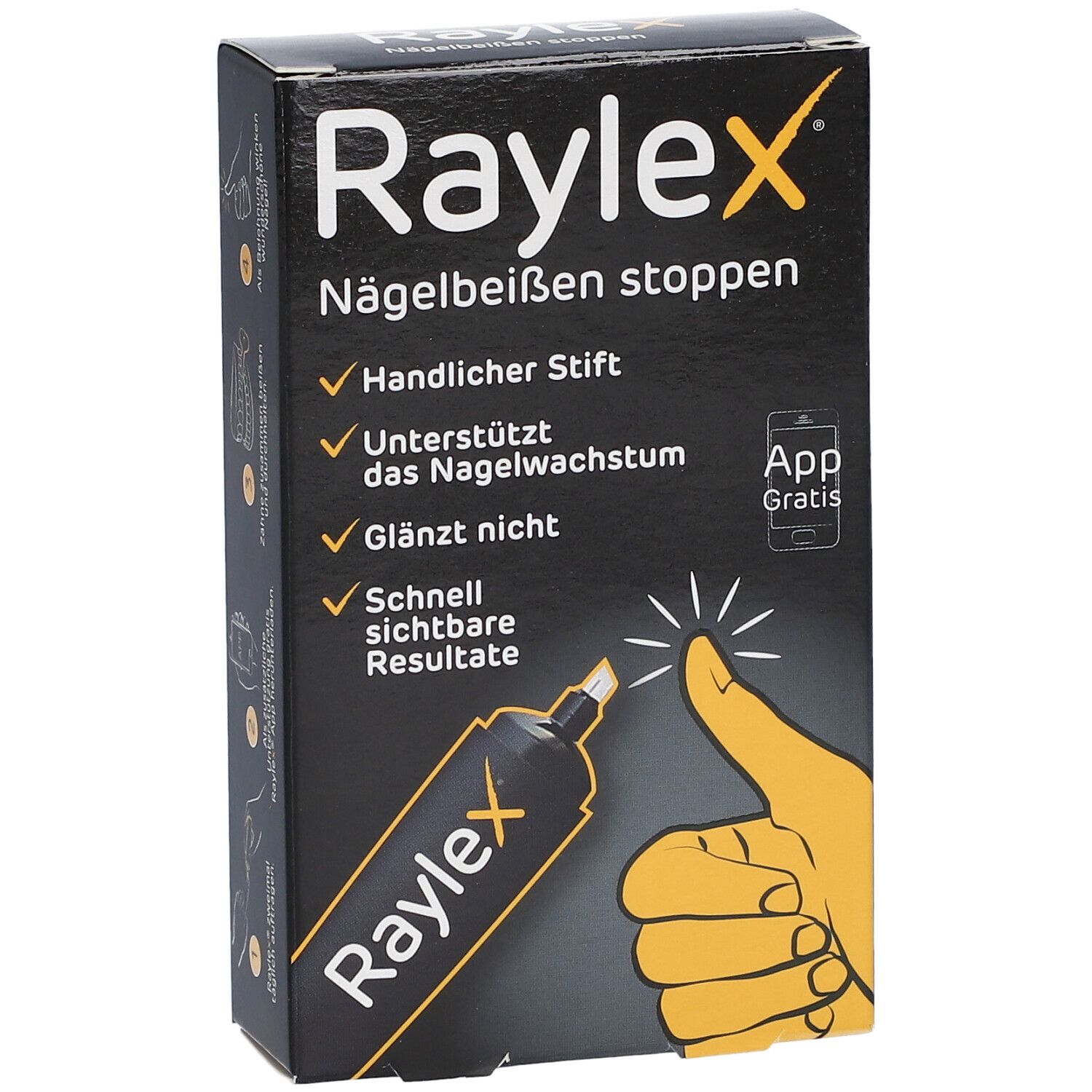 Boîte noire Raylex. Texte: Arrêter de se ronger les ongles, stylo pratique, favorise la croissance, ne brille pas, résultats visibles. App.