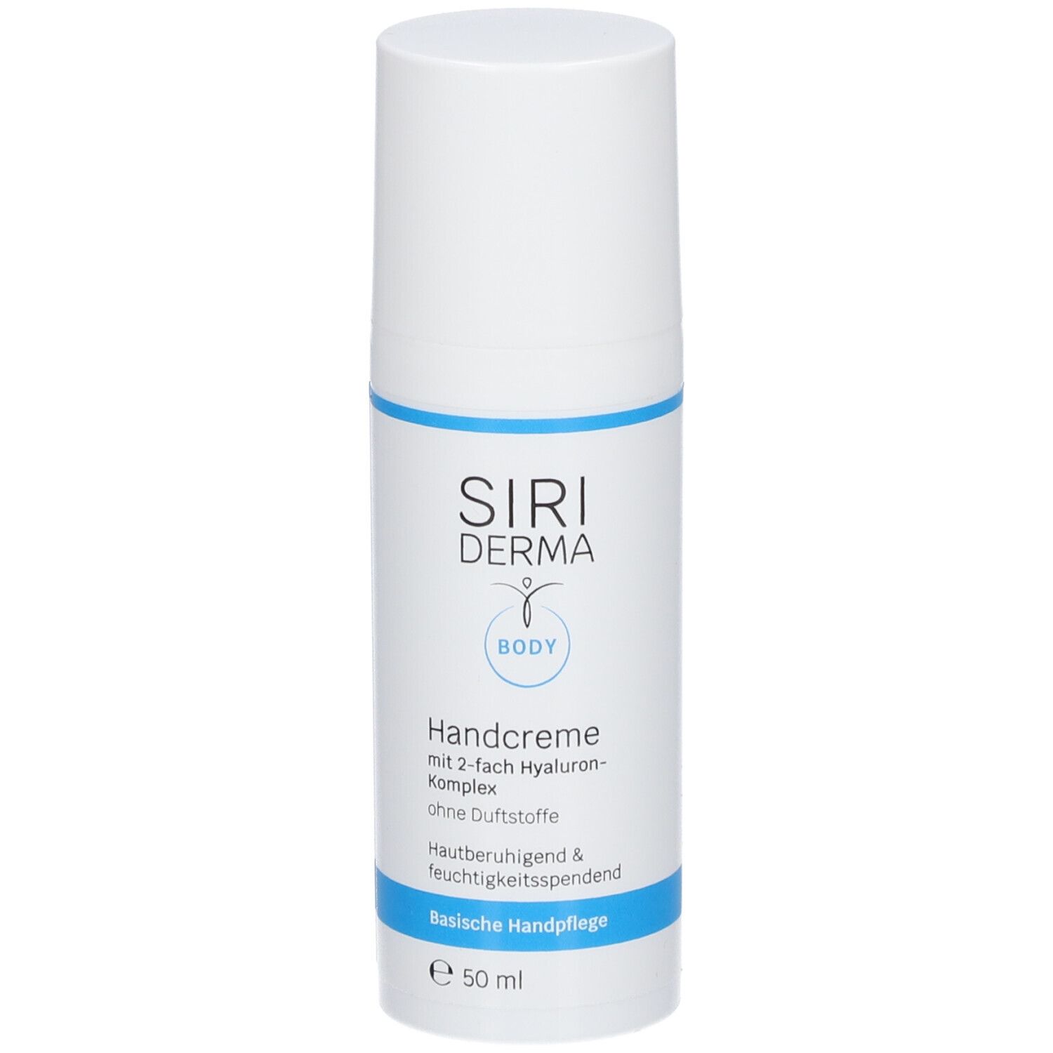 Flacon de crème pour les mains blanc avec bande bleue. Inscription : SIRIDERMA, Handcreme, sans parfum. 50 ml.
