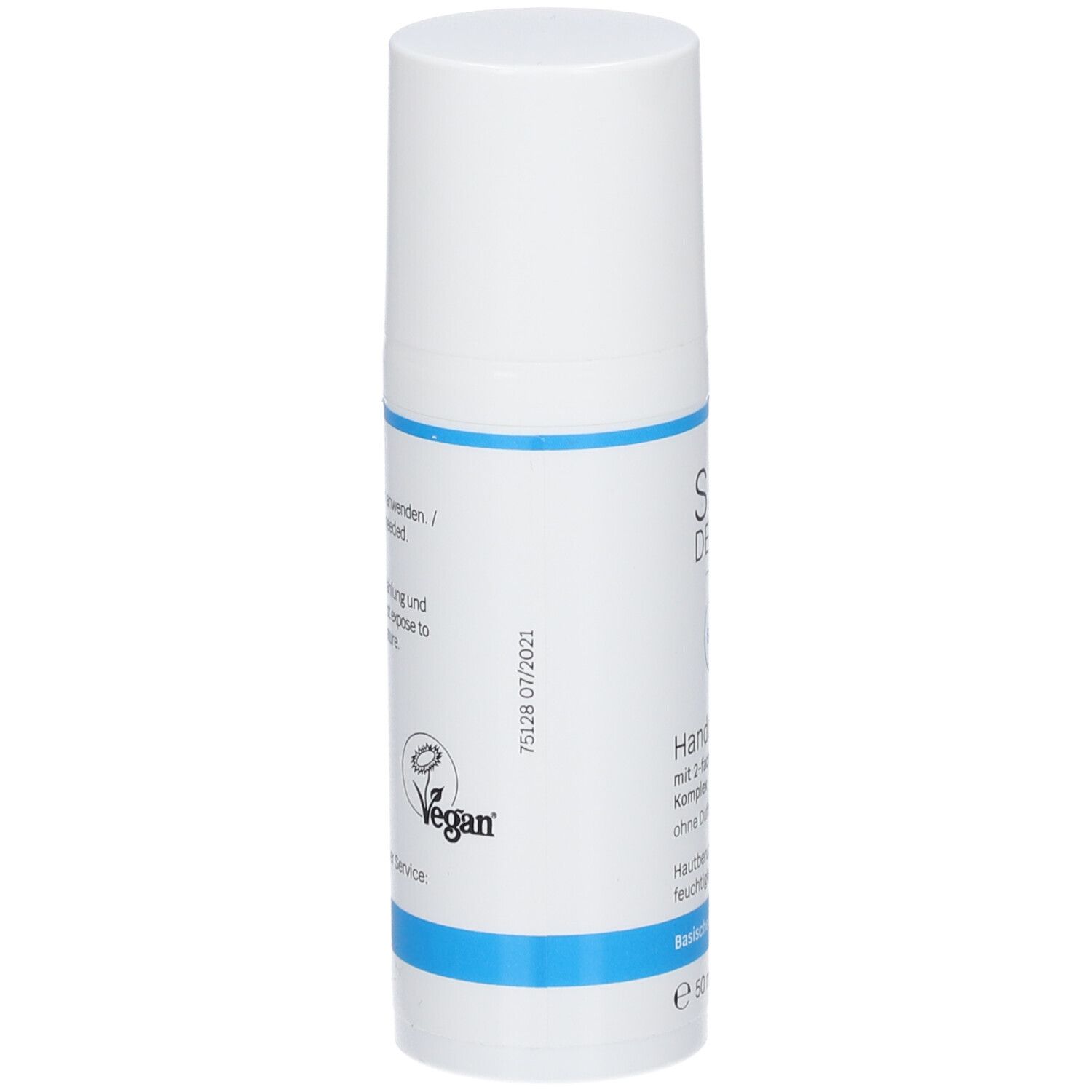Flacon de crème pour les mains blanc avec bande bleue. Inscription : SIRIDERMA, Handcreme, sans parfum. Label Vegan.