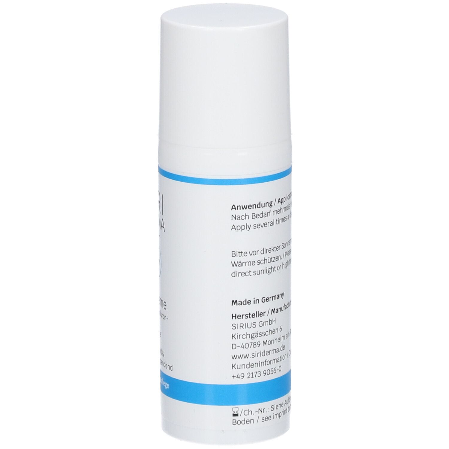 Flacon de crème pour les mains blanc avec bande bleue. Texte : Application, informations fabricant, Made in Germany.