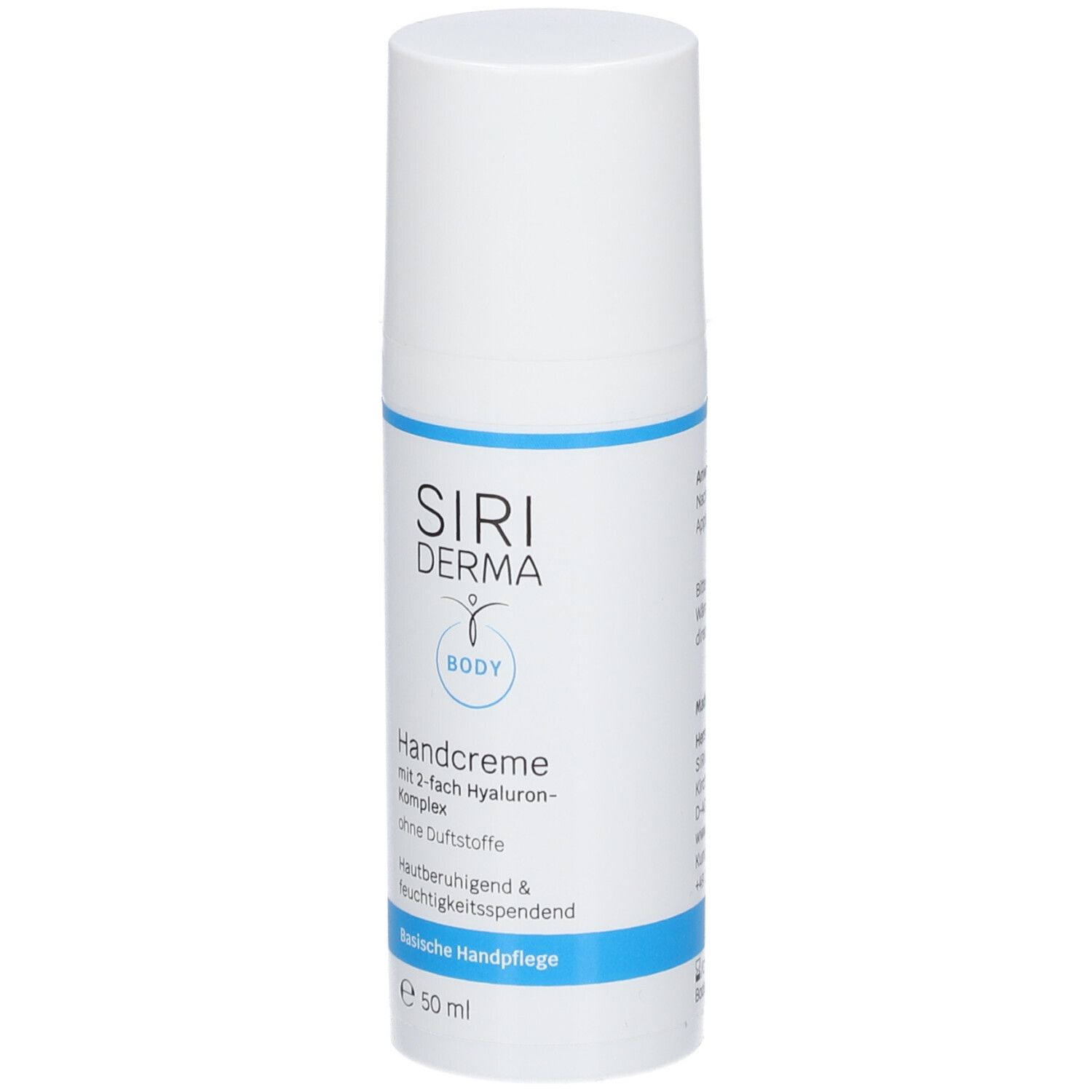 Flacon de crème pour les mains blanc avec bande bleue. Inscription : SIRIDERMA, Handcreme, sans parfum. 50 ml.