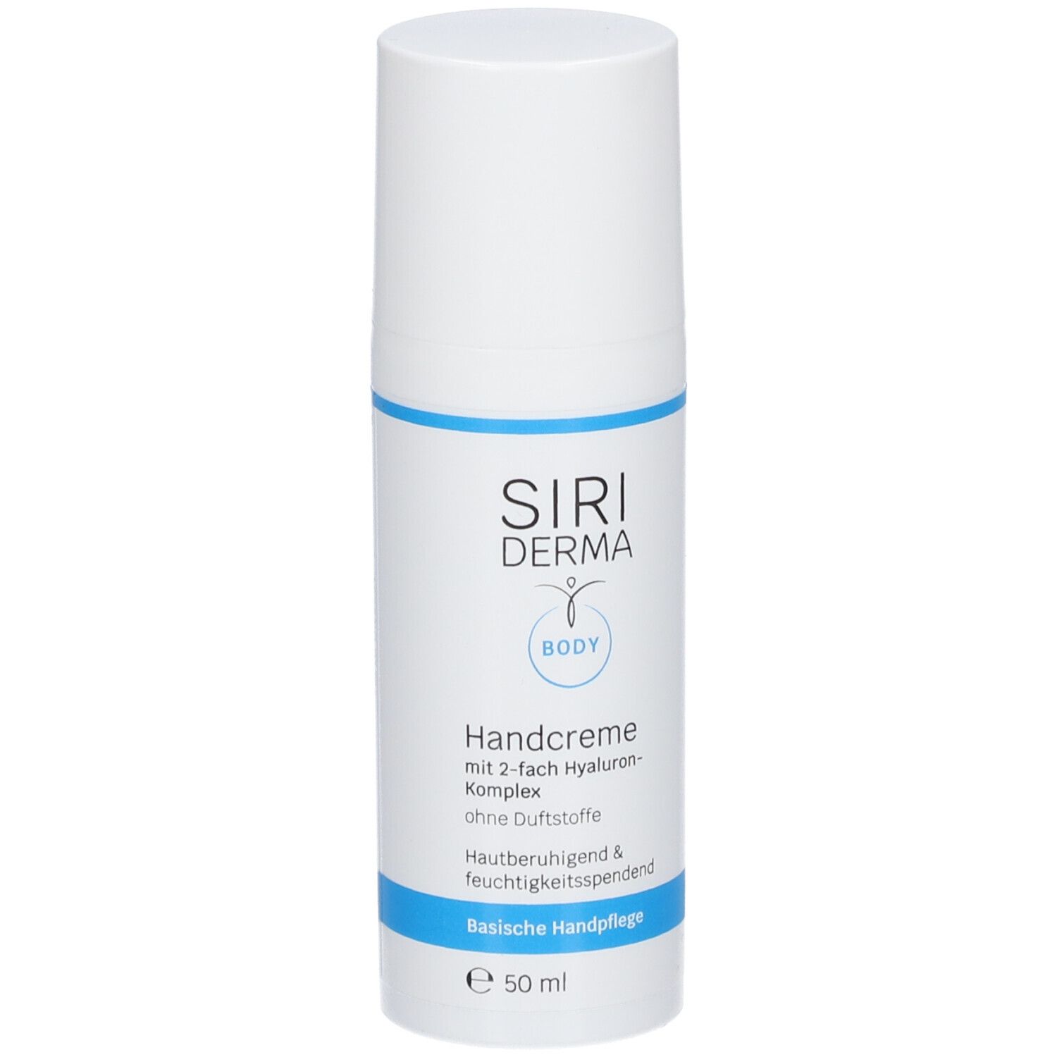 Flacon de crème pour les mains blanc avec bande bleue. Inscription : SIRIDERMA, Handcreme, sans parfum. 50 ml.