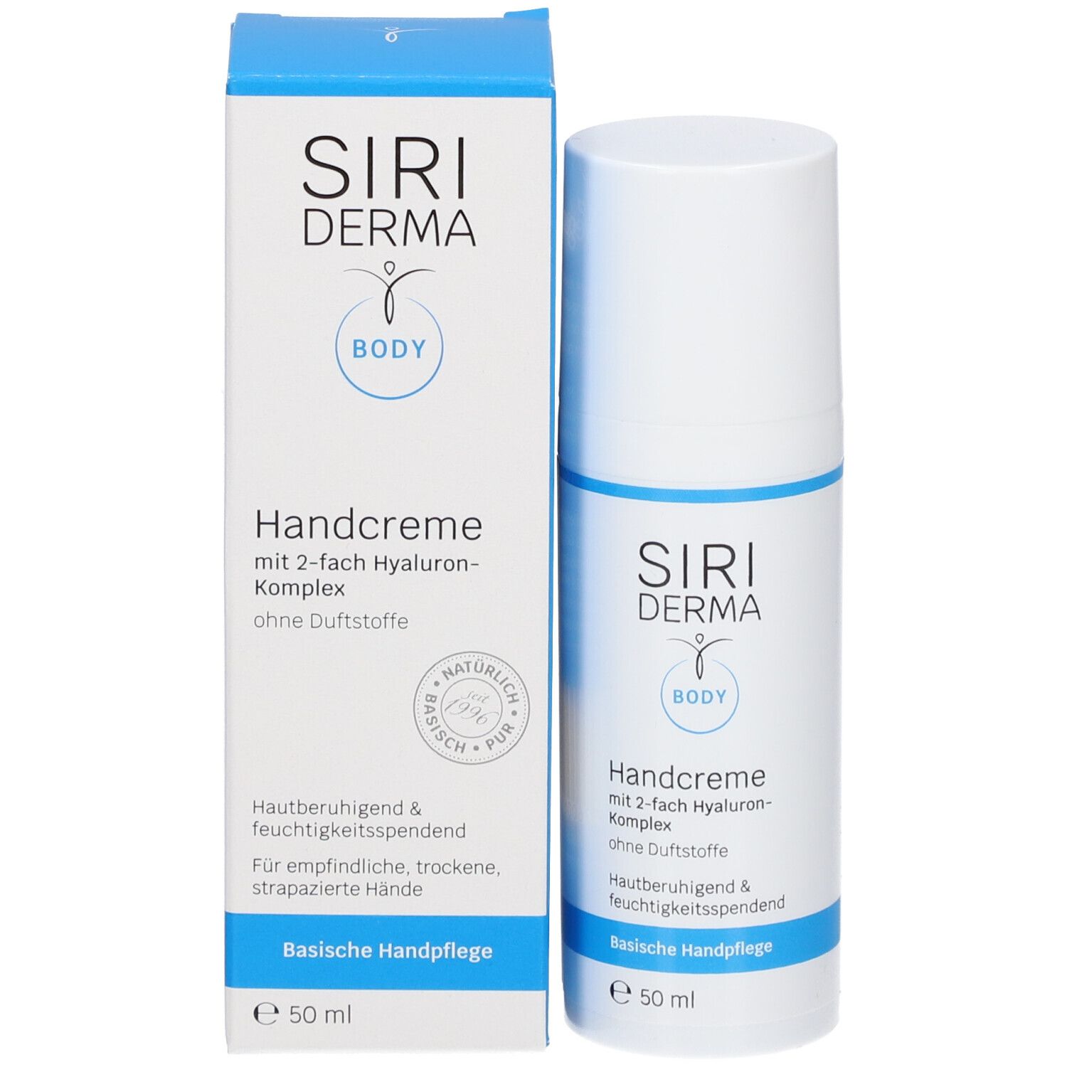 Emballage et flacon de crème pour les mains. Inscription : SIRIDERMA, Handcreme, sans parfum. 50 ml. Couleurs bleu et blanc.
