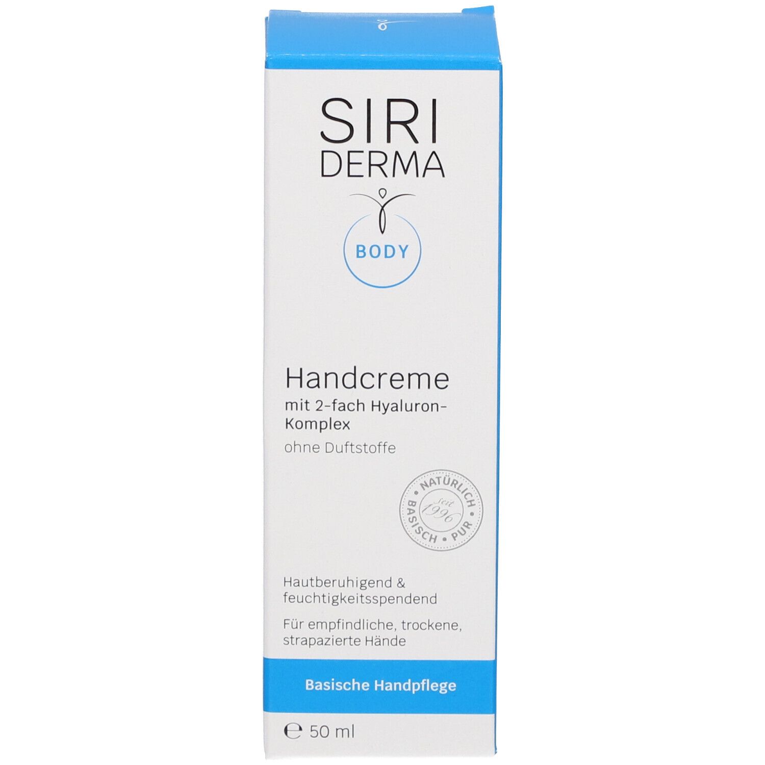 Emballage de crème pour les mains. Inscription : SIRIDERMA, Handcreme, sans parfum. 50 ml. Couleurs bleu et blanc.